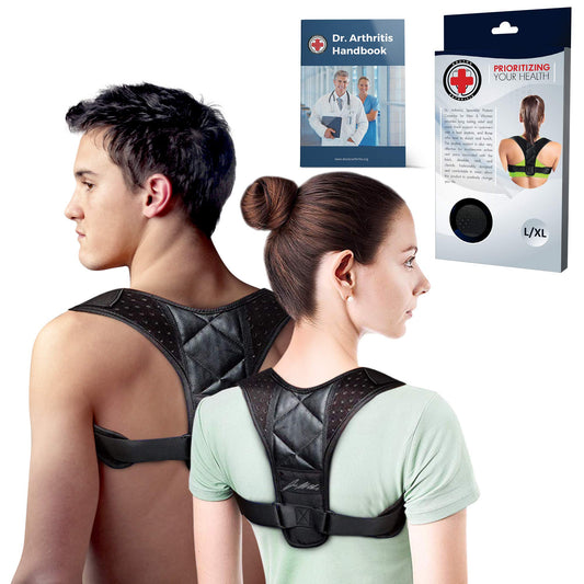 Dr. Arthritis Doctor Developed Posture Support/Posture Correct/Stabilizer/Back Brace & Handbook - Fully Adjustable for Upper & Lower Back Pain. Suitable for Men & Women (Black, M)