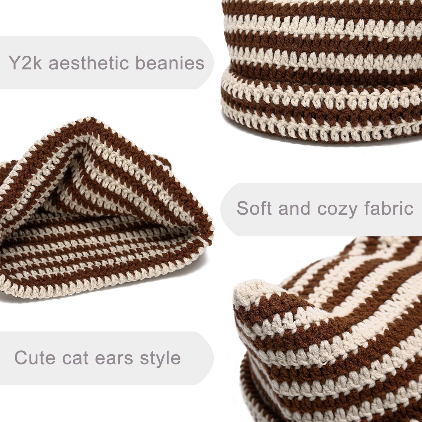 CATMICOO Y2k Beanie Knit Cat Ear Beanies Crochet Hats for Women Brown