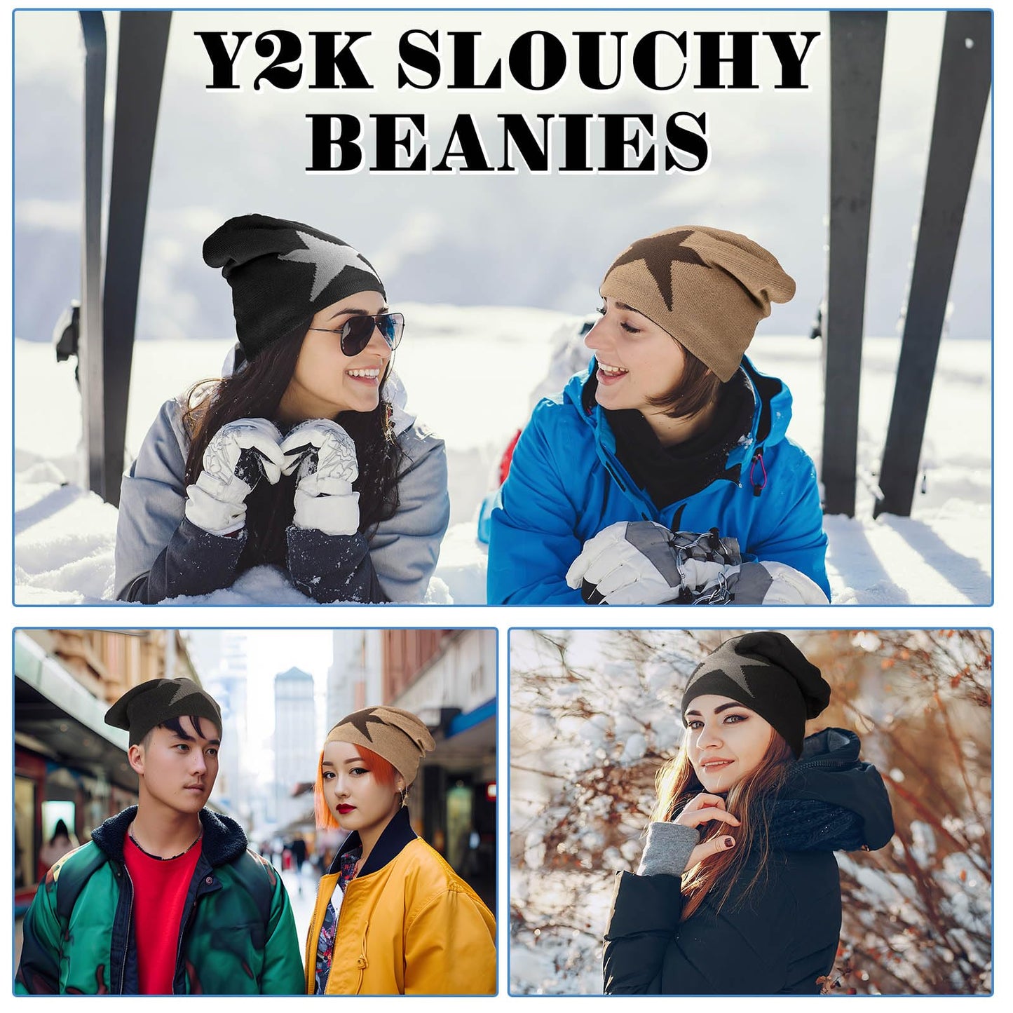 Chuarry 2 Pcs Y2k Hat Grunge Accessories Vintage Goth Graphic Knitted Slouchy Beanies Winter Warm for Men Women Black, Khaki