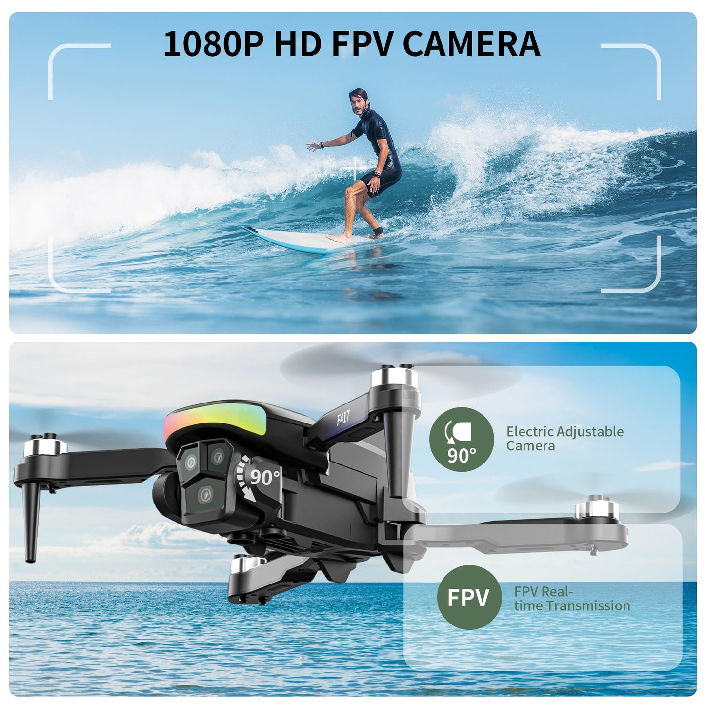 F417 Drone with Camera 1080P for Beginners and Adults,RGB LED Light 90°Electric Adjustable Lens,FPV Drone Mini RC Quadcopter with Live Video Camera,360° Flip,One Key Take Off/Land,Carry Case,Black
