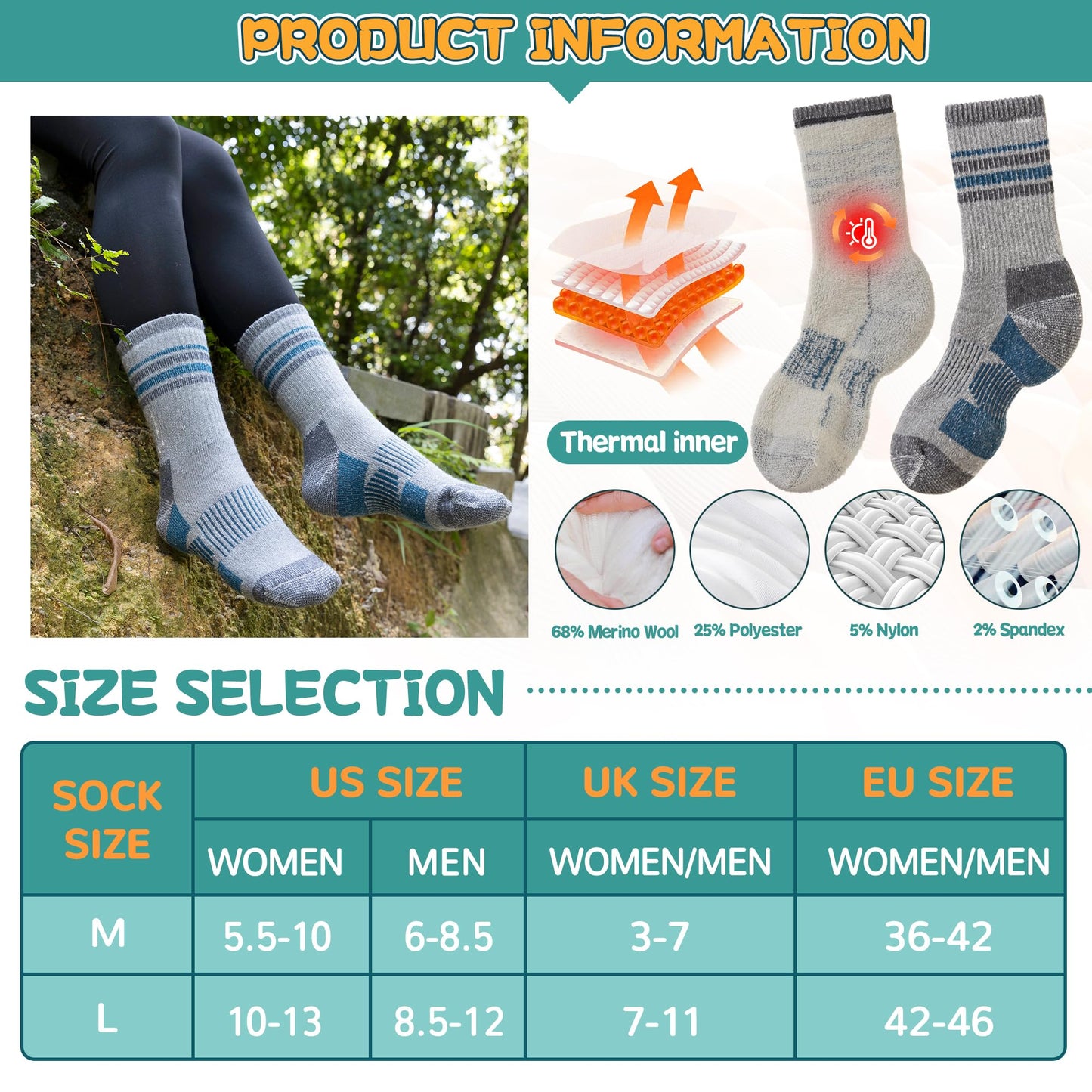 SeeyAN Merino Wool Hiking Socks Womens Mens Thermal Winter Boot Thick Cushion Warm Crew Socks 3 Pairs (Blue/Black/Green#S, Medium)