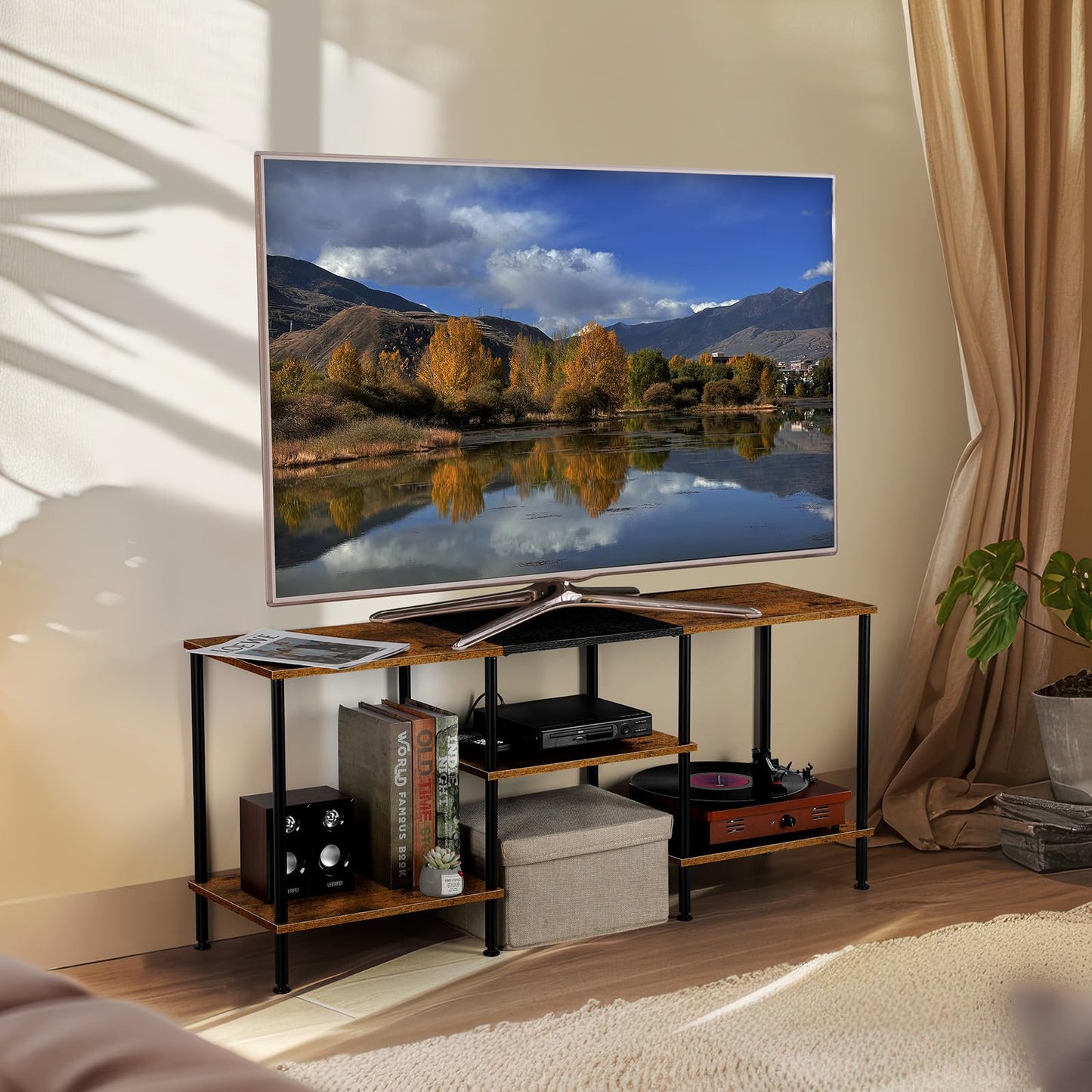 TV Stand for Bedroom 50 Inch TV Stand with Power Outlet 3 Tier Entertainment Center with Storage TV Console Table for 50 43 40 32 Inch TV, Rustic Brown