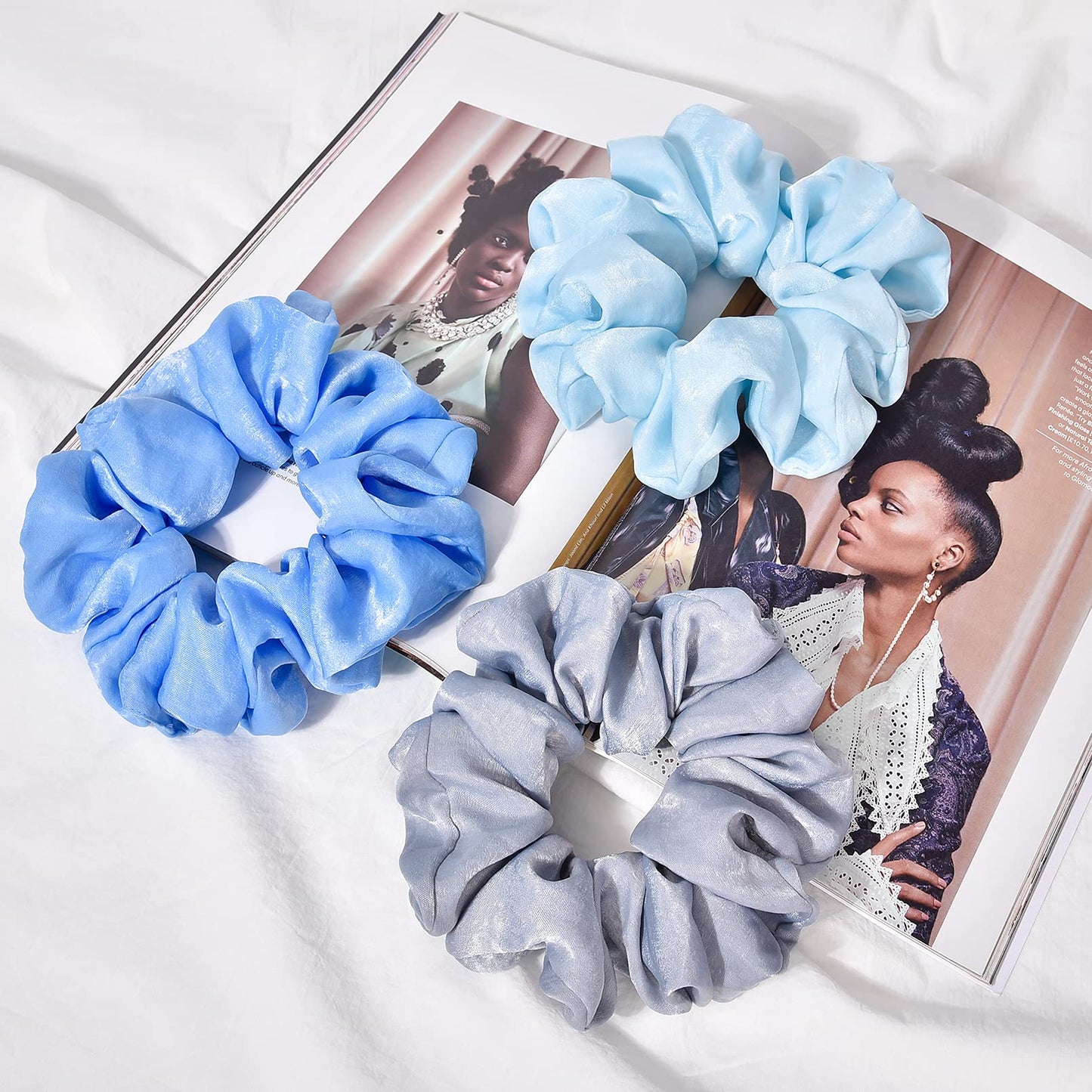 XL Big Silk Scrunchies Hair Ties for Women - CEELGON Oversized Satin Silk Scrunchie Exra Large Jumbo Gaint Soft Chiffon Cute Scrunchy for Curl Thick Hair 4 Pack (Blue Series)