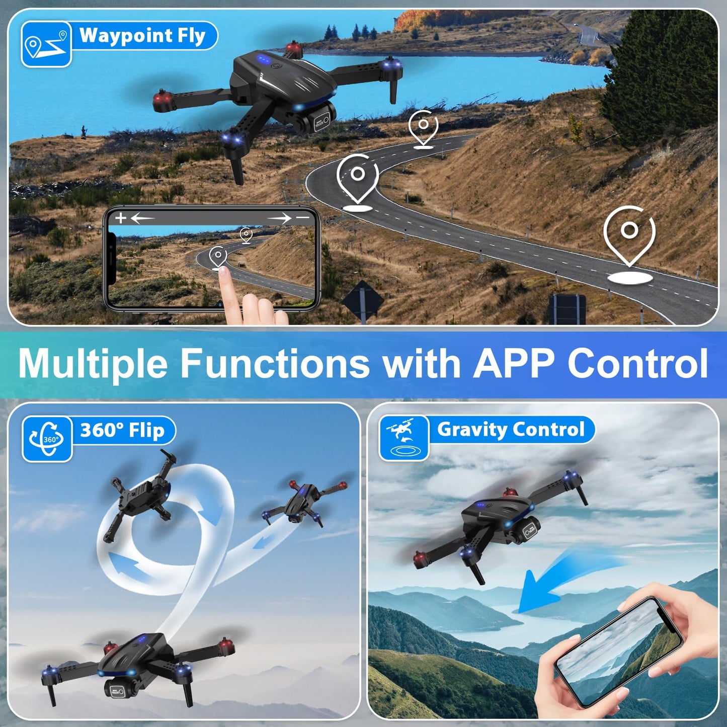 X-shop Foldable FPV Drone with 1080P HD Camera for Kids & Adults, 2 Batteries, One Key Take Off/Land, Altitude Hold, Headless Mode, 360Flip, 3 Speed Modes, Waypoint Fly