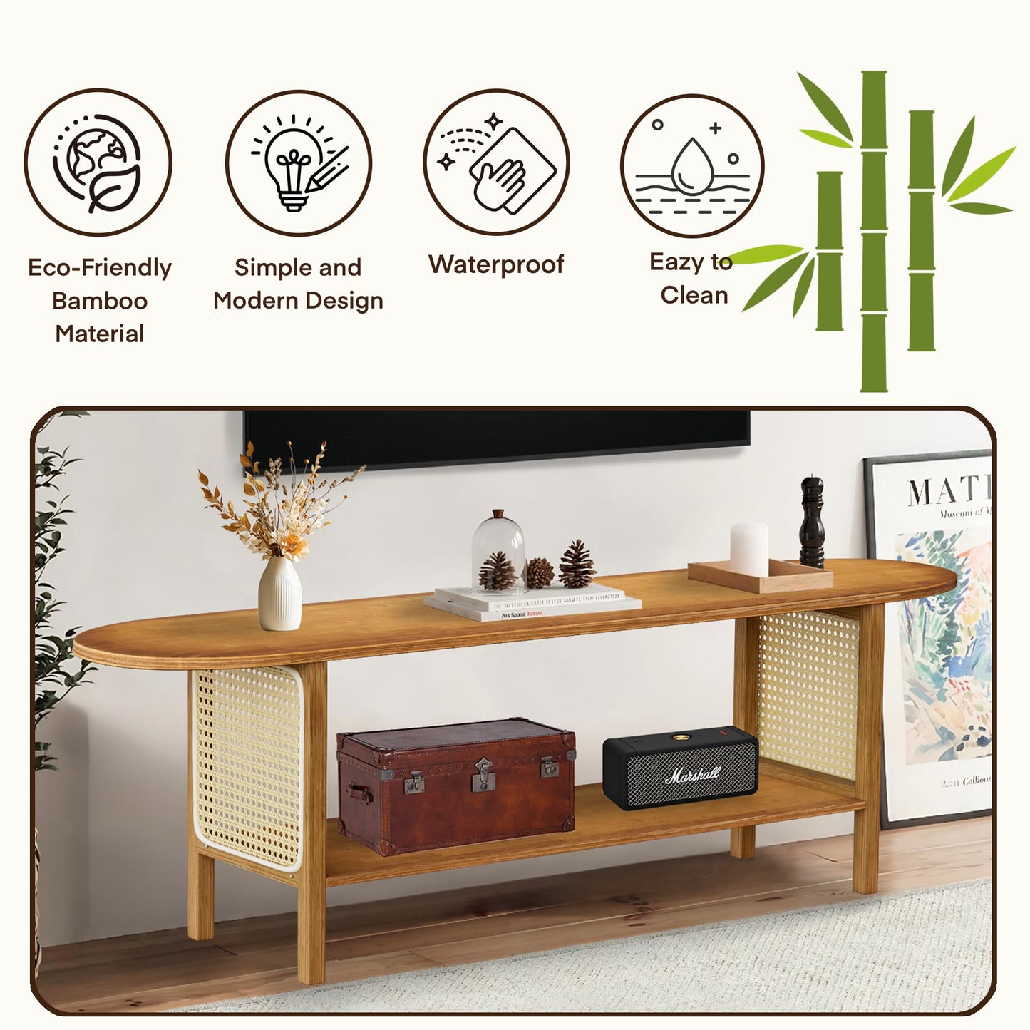 Mordchil HF Bamboo TV Stand for TVs up to 65", Accent Entertainment Center with Storage, Media Console Table with Rattan, Modern TV Stand for Living Room, Bedroom, 55"(L), Walnut