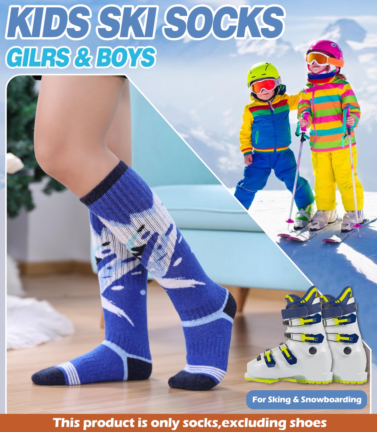 DOSKONI Kids Merino Wool Ski Socks Boys Girls Thermal Winter Warm Thick Cozy Socks for Skiing Snowboarding 3 Pairs Skate Green Blue Grey,8-12 Year Old