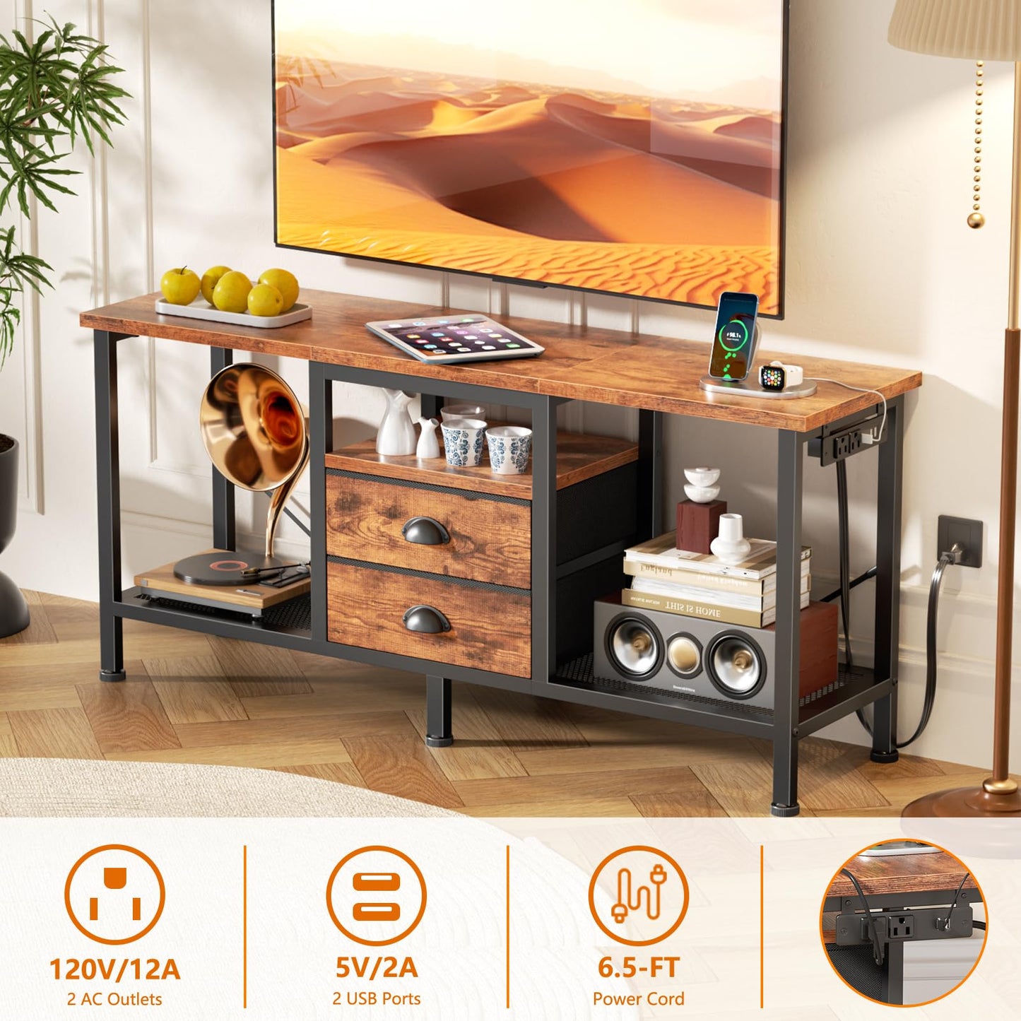 Furologee TV Stand with Power Outlets and 2 Fabric Drawers, 42 Inch Small Entertainment Center with Open Storage Shelves, Simple TV Console Table for Bedroom, Living Room, Rustic Brown