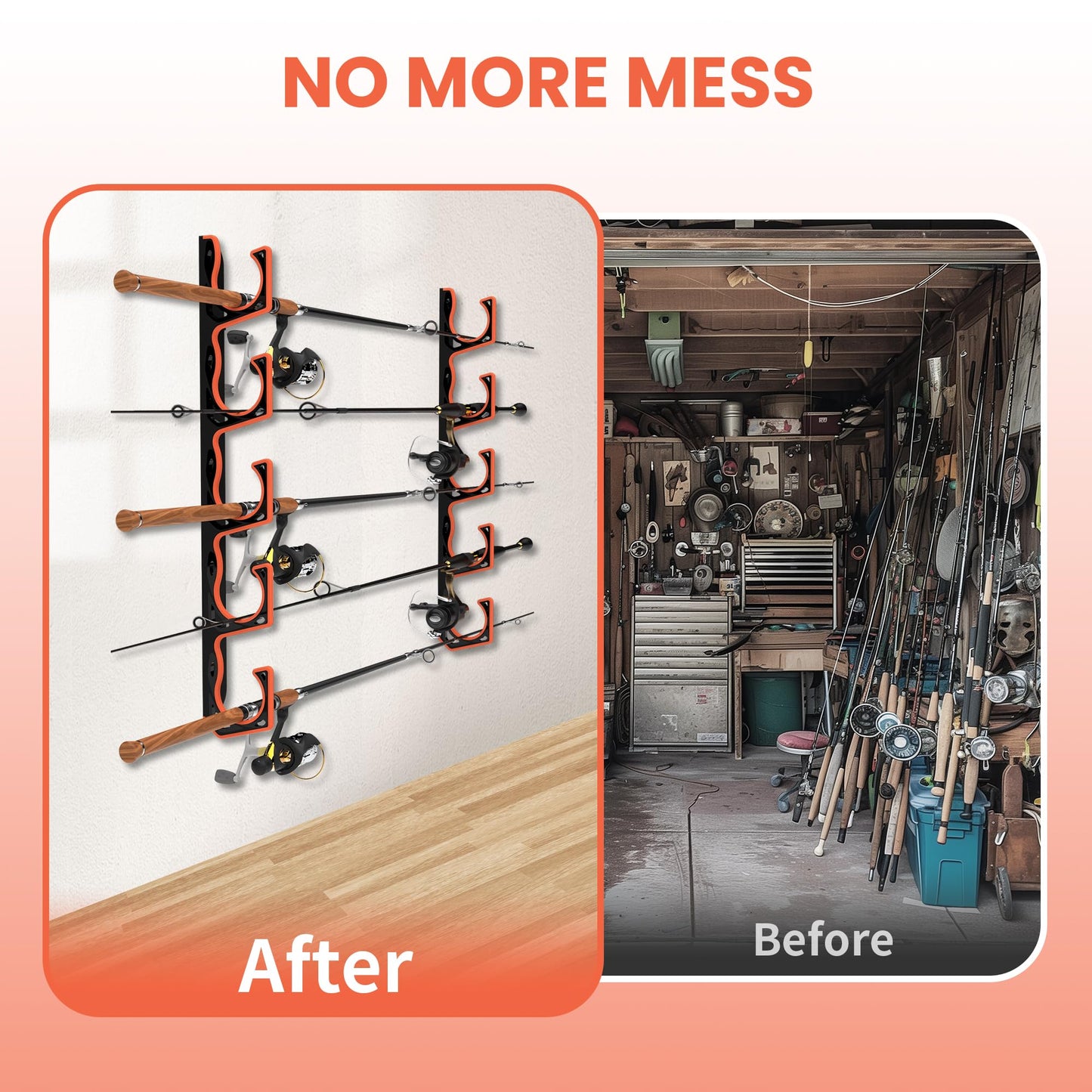 Fishing Rod Holder for Garage, H5 Wall or Ceiling Mounted Fishing Pole Holders with Soft Protective Pad, Fishing Rod Storage Organizer, Horizontal Fishing Rod Wall Mount Nets Storage (2 PACK)