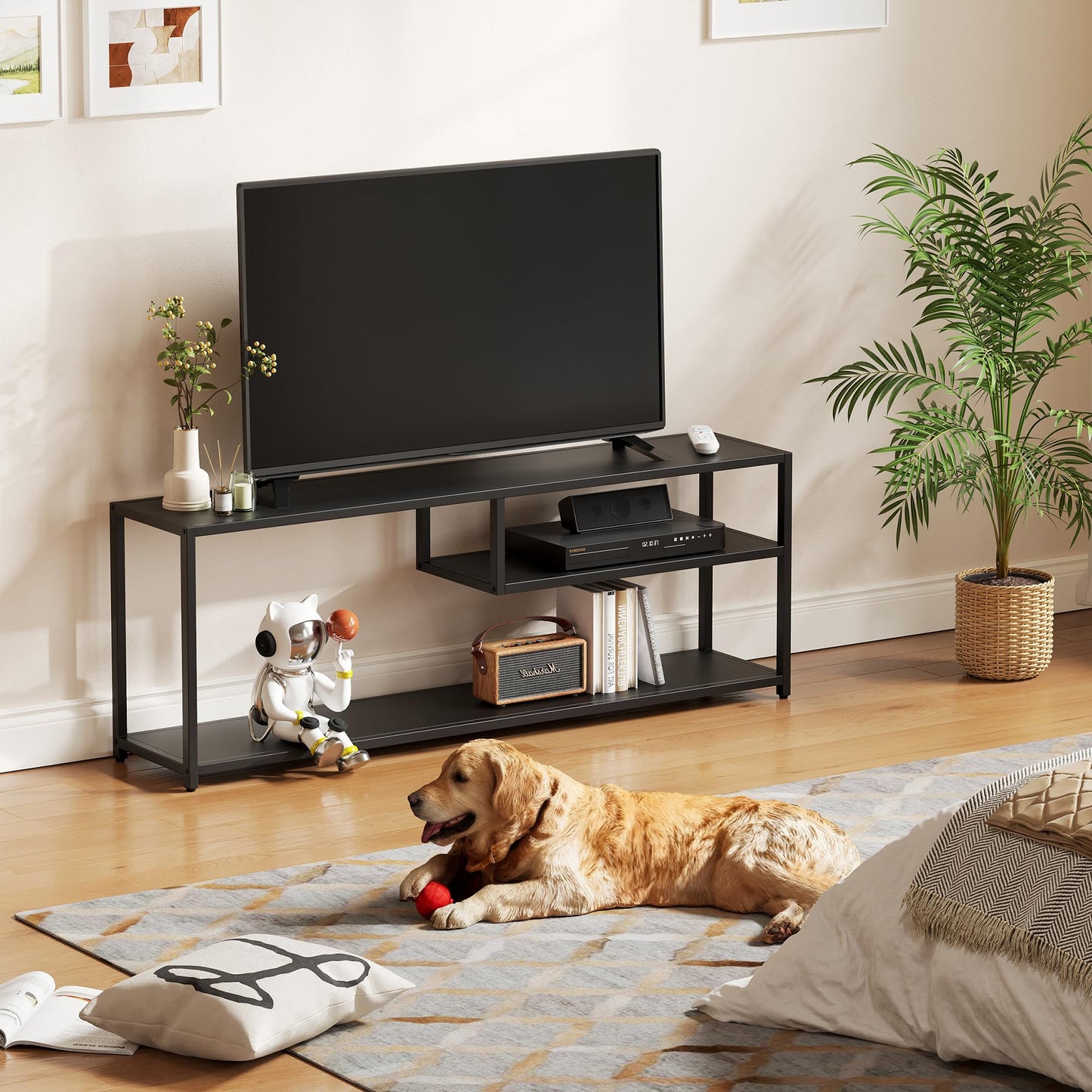 TECHMILLY Modern TV Stand for 55" TV, TV Table with Storage Shelves, Entertainment Center with Metal Frame, TV Console Table for Living Room, Bedroom, Black