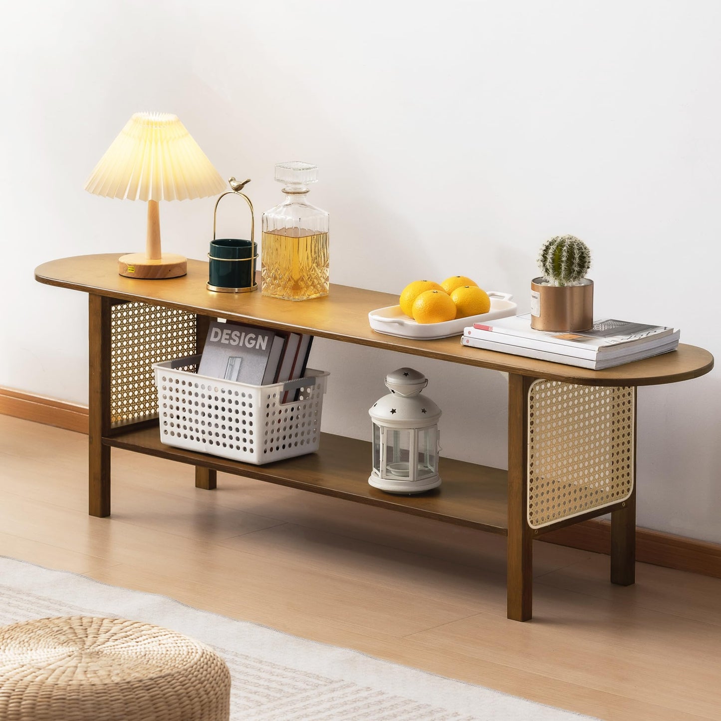 Mordchil HF Bamboo TV Stand for TVs up to 65", Accent Entertainment Center with Storage, Media Console Table with Rattan, Modern TV Stand for Living Room, Bedroom, 55"(L), Walnut