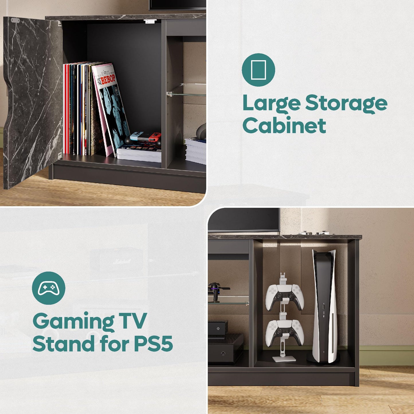 Bestier 57" Gaming LED TV Stand for 55/65 inch TV, Media TV Cabinet for PS5/Xbox Storage, Modern Entertainment Center for Living Room, Adjustable Glass Shelves, Black Marble