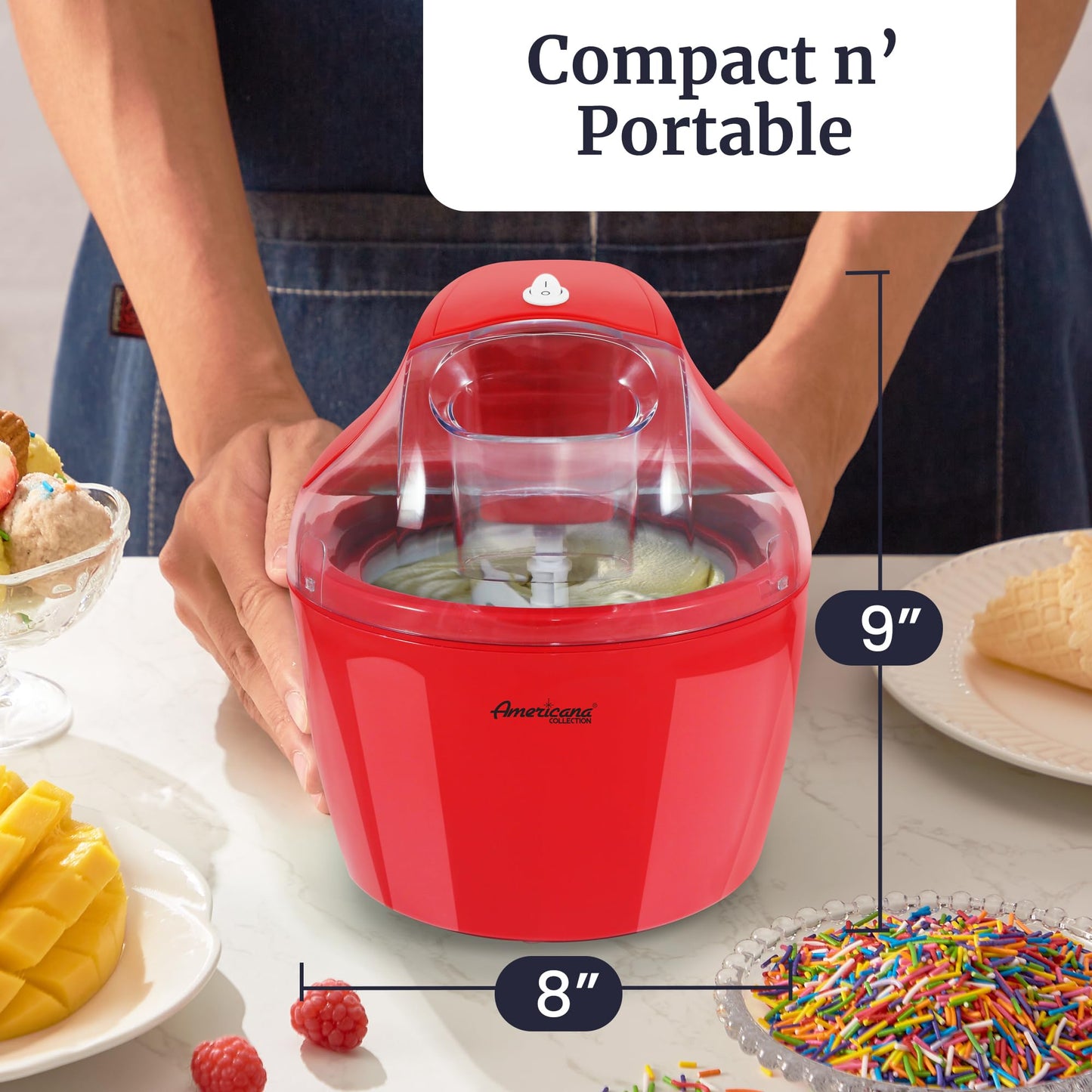 Americana EIM-1400R 1.5 Qt Freezer Bowl Automatic Easy Homemade Electric Ice Cream Maker, Ingredient Chute, On/Off Switch, No Salt Needed, Creamy Ice Cream, Gelato, Frozen Yogurt, Sorbet, Recipe Book