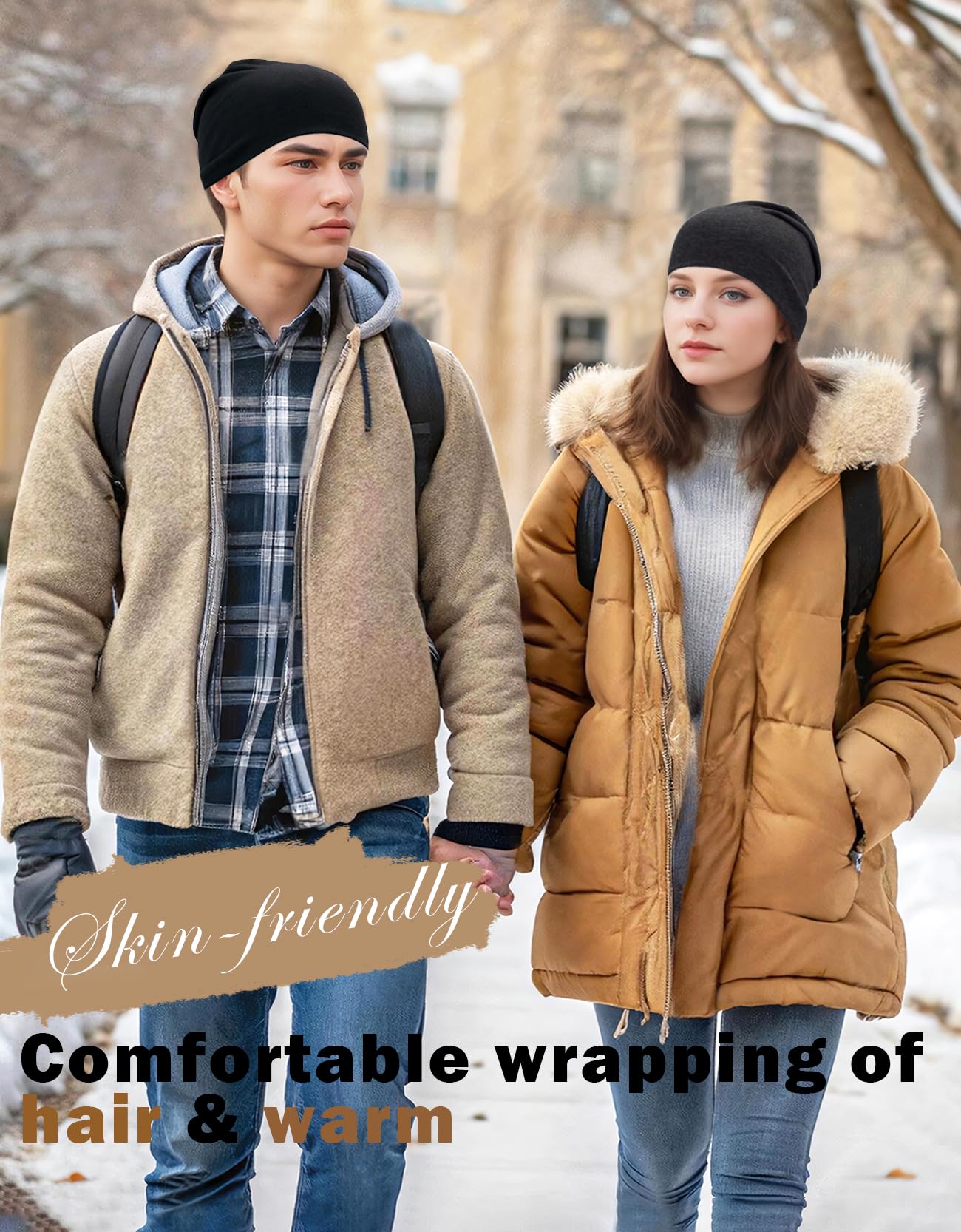 JHYWELL Cotton Beanie Hat Slouchy Jersey Soft Hats Skull Caps Lightweight Sleep Cap Summer Running Beanies Light Weight Chemo Hat for Men and Women (Black & Heather Grey)