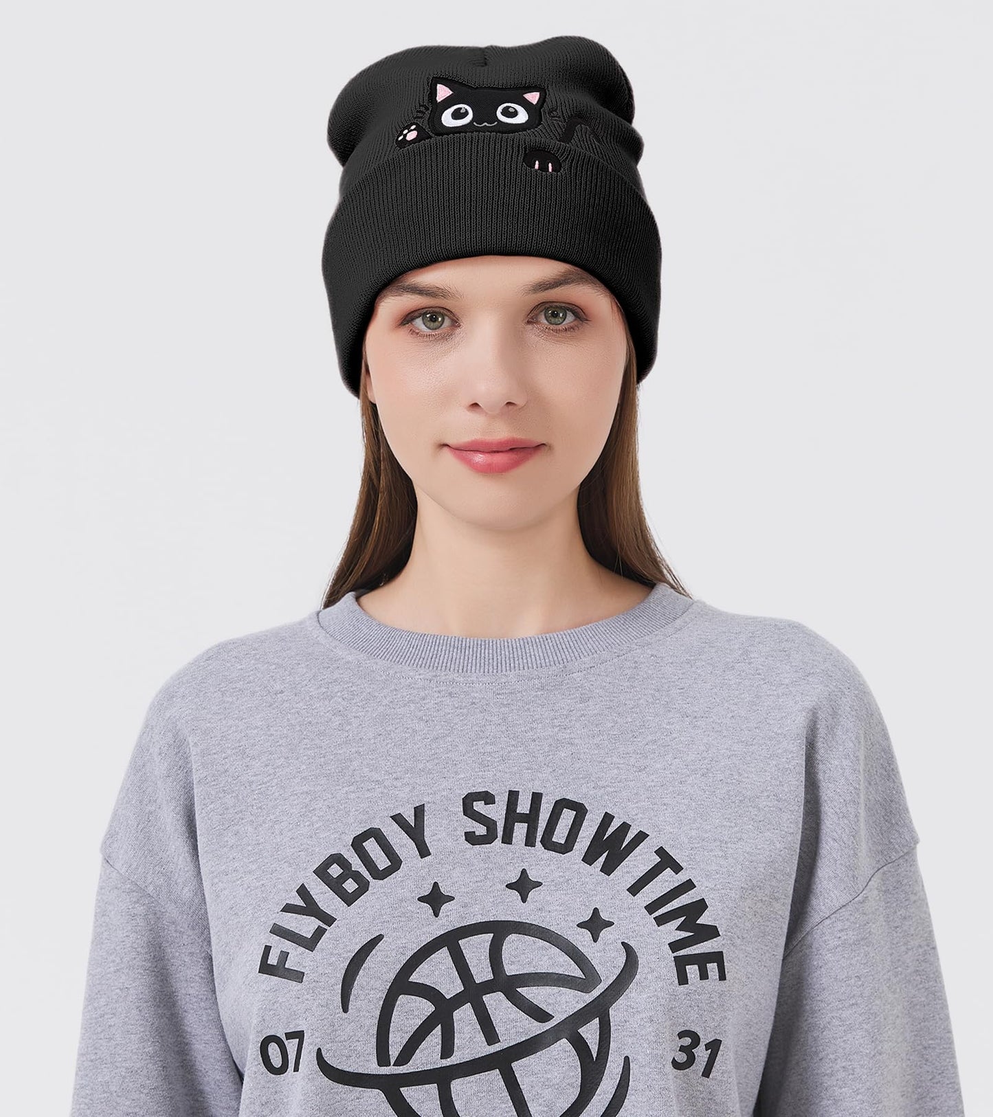 Cat Beanie Hats for Women Cute Cat Lovers Gifts Women's Winter Animal Knitted Hats for Girls (US, Alpha, One Size, Black)