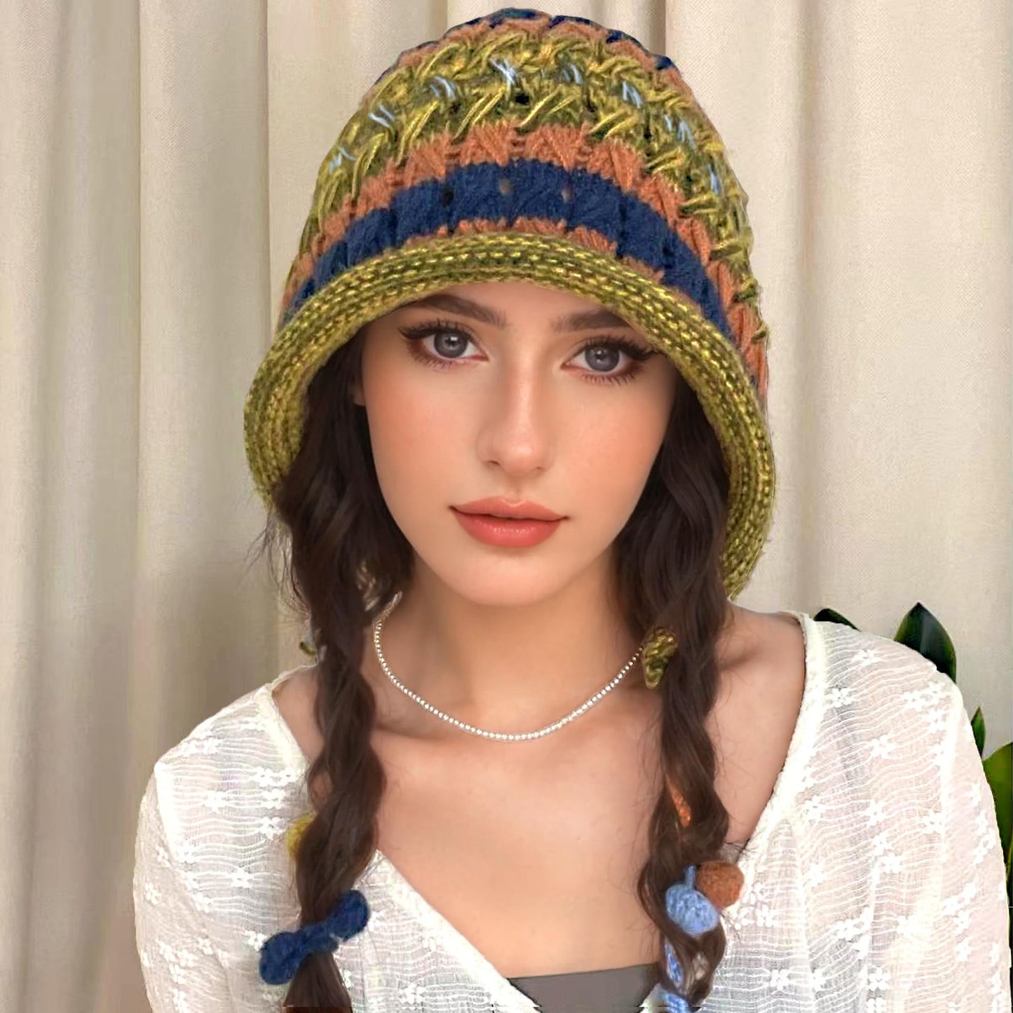 Colorful Crochet Beanie Hat for Women Ladies Knit Slouchy Beanies Ear Flaps with Cute Pom Pom Tassels Wide Brim Winter Fashion Rainbow Striped Skull Cap (Green Stripe)