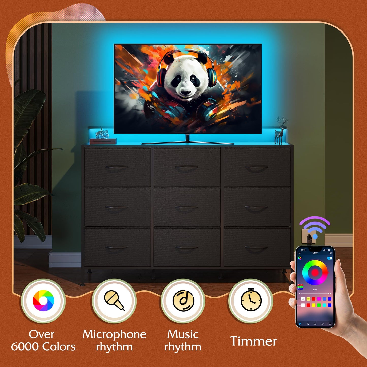 WLIVE Black Dresser TV Stand for 50, 55 inch, Led Dresser for Bedroom, Chest of Drawers with LED Lights, Charging Station, Clothes Storage with 9 Drawers, Wood Top, Living Room, Closet