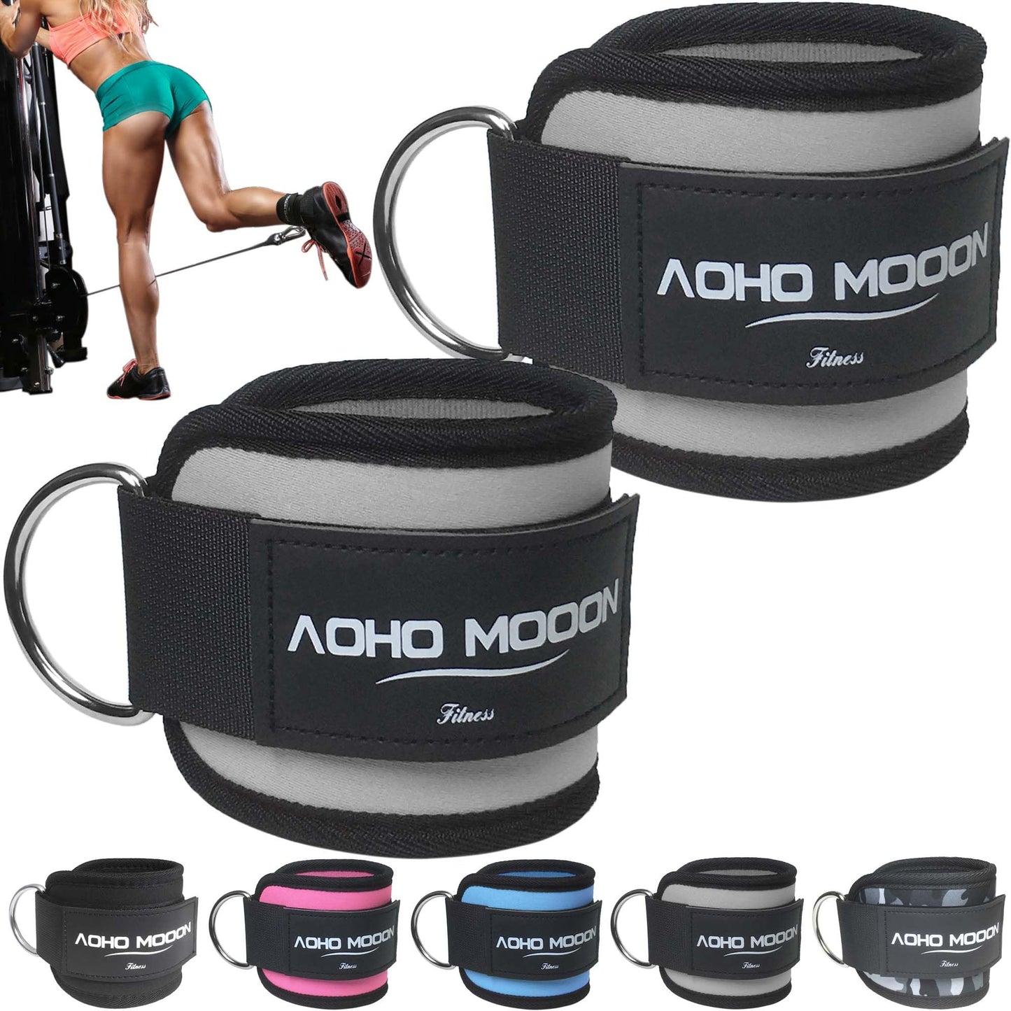 AOHO MOOON (Pair) Comfortable Adjustable Ankle Straps for Cable Machines Women, Gym Workout Leg Straps, Ankle Cuffs for Glute Workouts, Foot Straps for Kickback, One Size Fit All with D Ring
