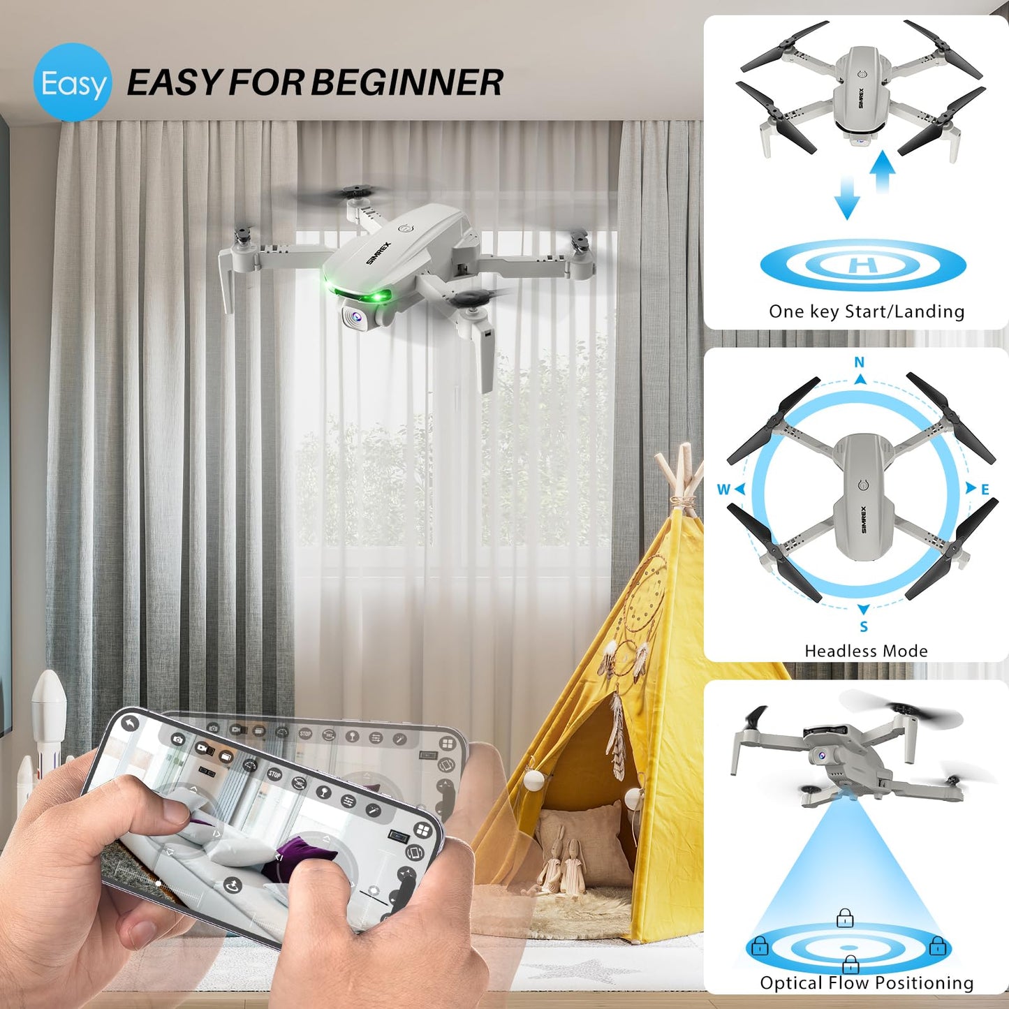 Simrex Drone With 1080P FPV Camera for Adults - Quadcopter Drone with Hover Stable, Foldable Mini Drones With One Key Start, Waypoint Fly, Headless Mode, Auto-Follow, 3D Flip, 3 Speeds, 2 Batteries, Easy for Beginners