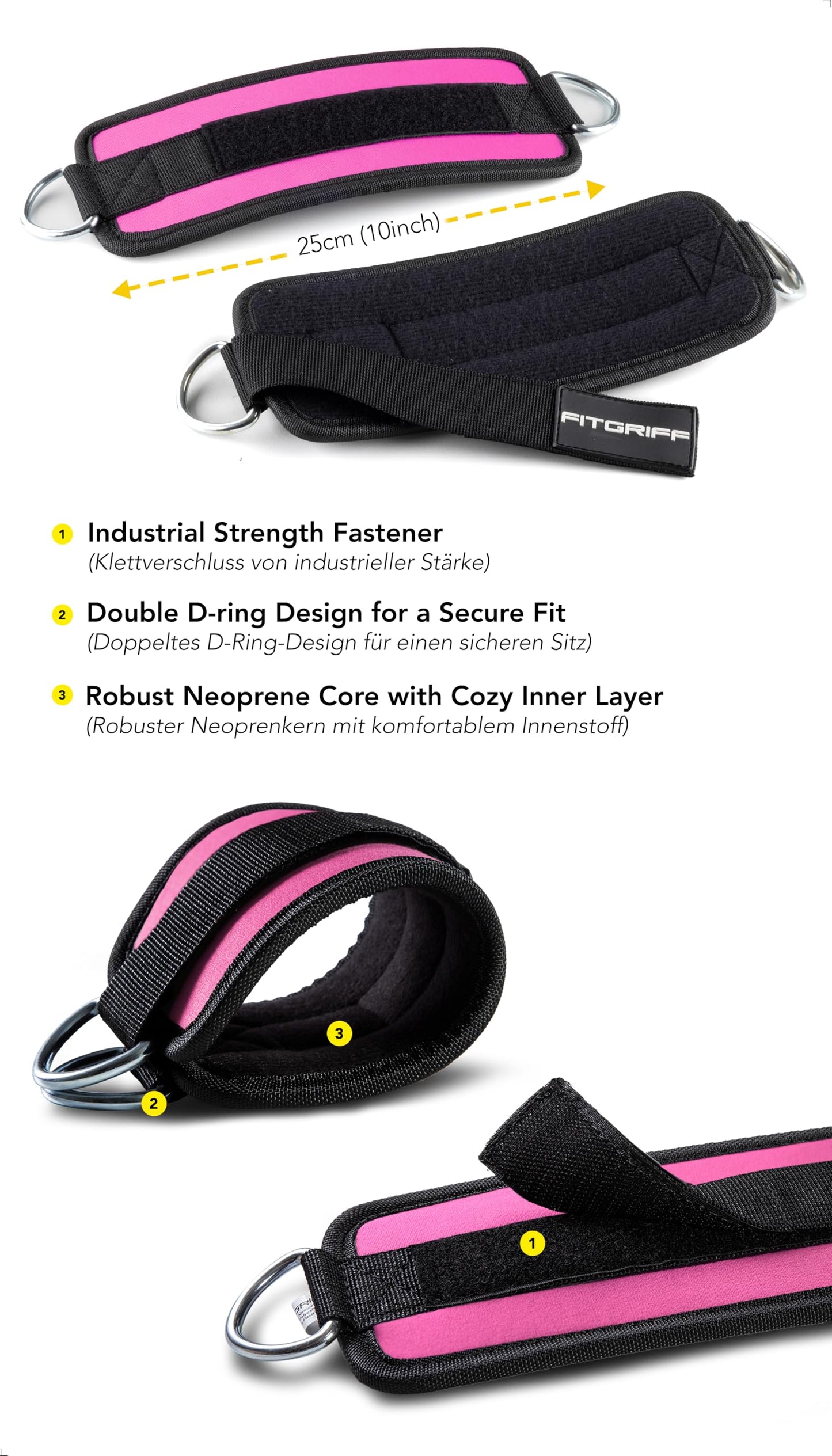 Fitgriff® Ankle Straps V1 for Cable Machine (2 Pieces) - Gym Workout Equipment - Leg Pulley Attachment, Kickback Straps (Pink)