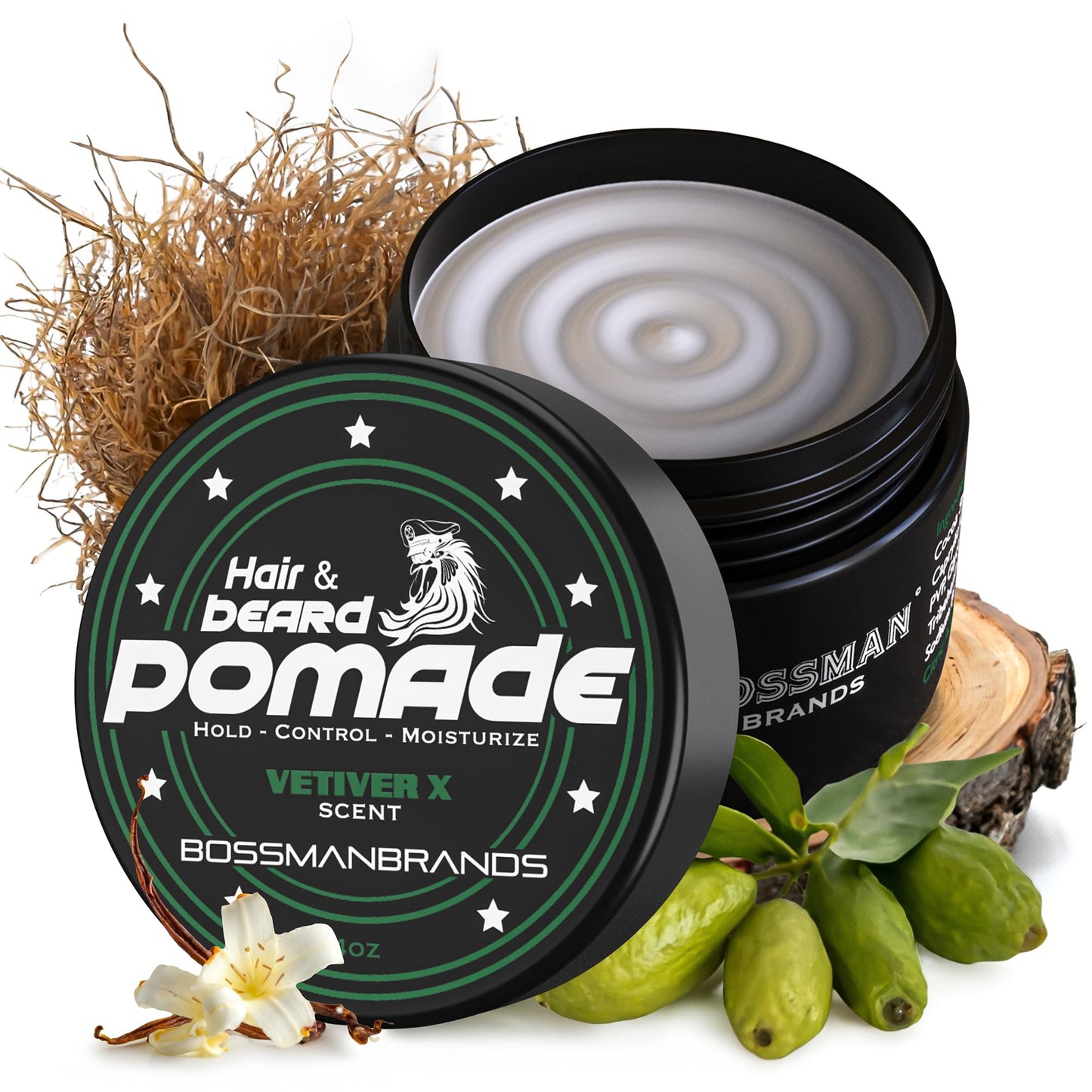 Bossman Natural Hair & Beard Pomade for Men (Vetiver X Scent) – Medium Hold & Moisturizing for Hair, Beard & Mustache Styling – Made in USA
