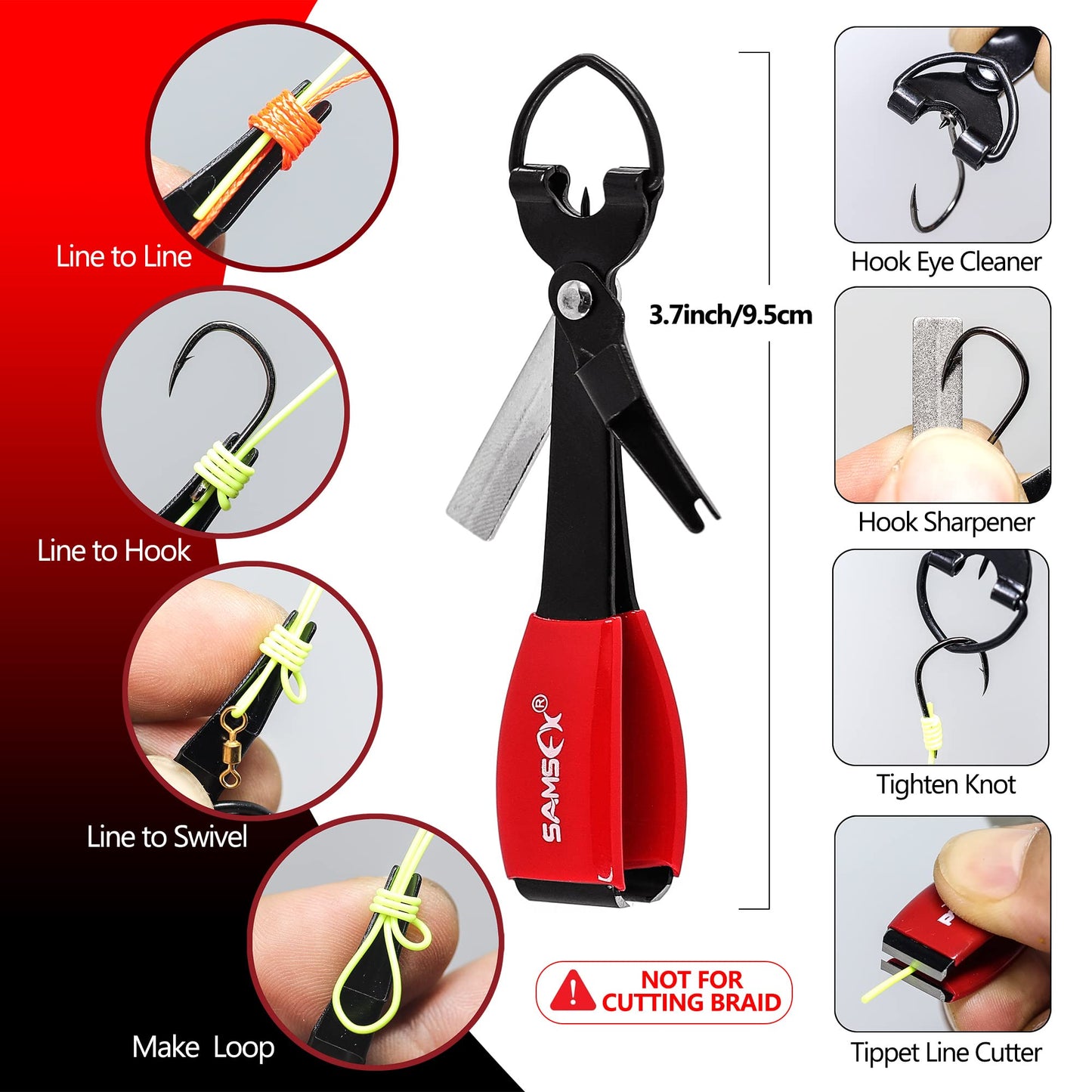 SAMSFX Fishing Knot Tying Tool, Multifunctional Fly Fshing Nippers, Quickly Tie Fishing Knots for Hooks, Lures and Flies, Fishing Clippers with Retractor (Oval Retractor, Red Knot Tool)