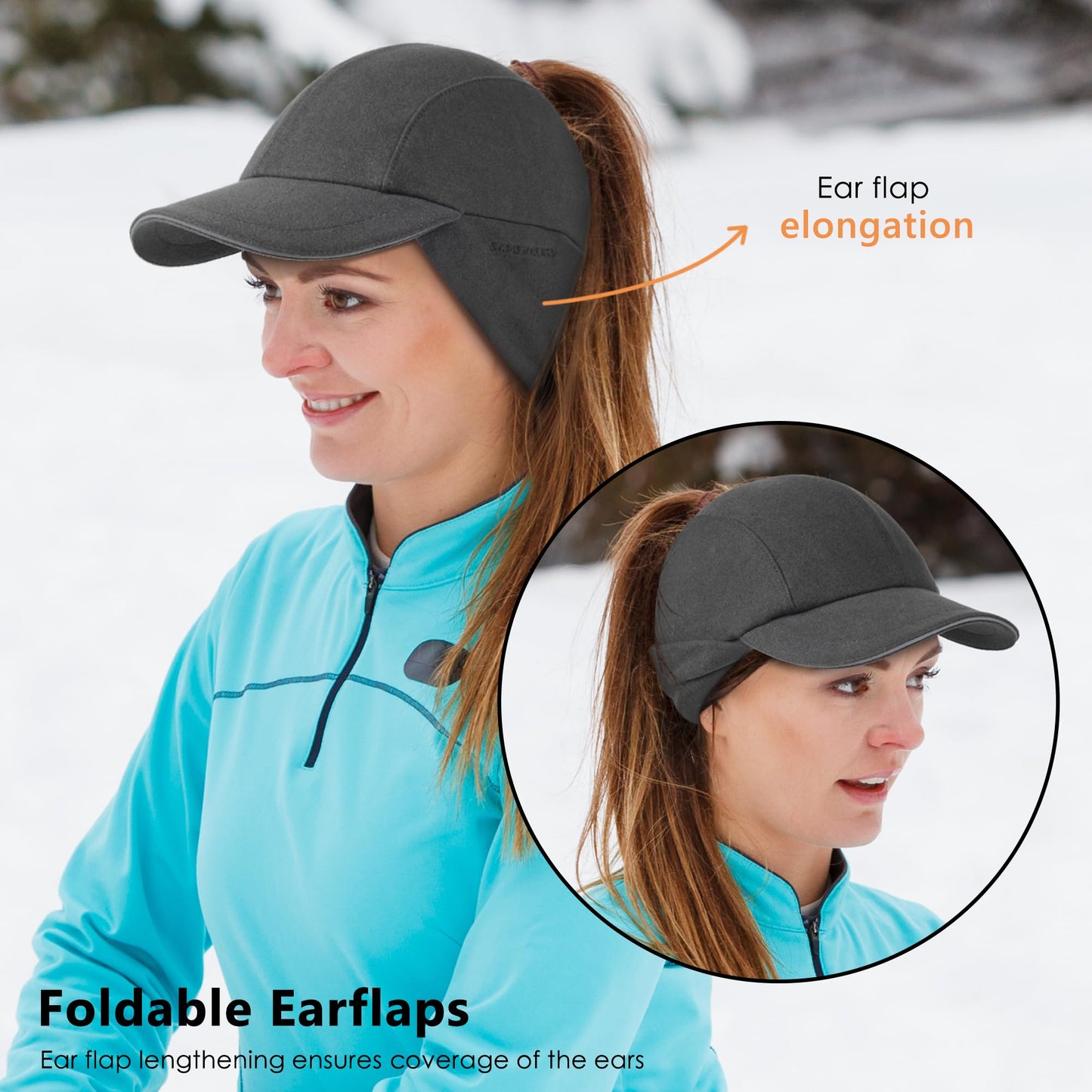 GADIEMKENSD Winter Running Baseball Cap Women Ponytail Beanie with Ear Warmer Hiking Hat Reflective Fleece Ball Cap Warm Ear Flaps Cold Weather for Hunting Snow Skiing Sports White