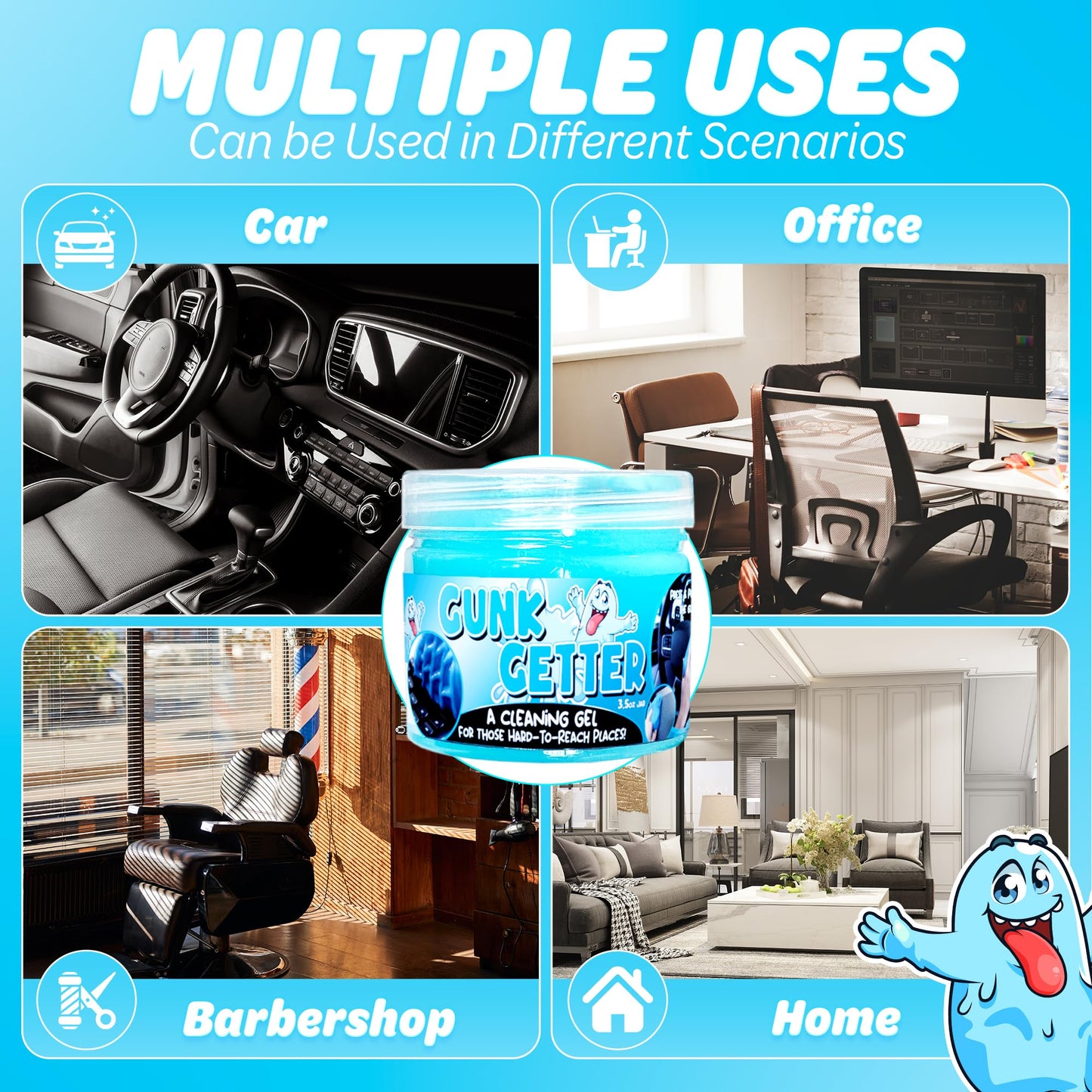 Gunk Getter 12 Pack Cleaning Gel for Those Hard to Reach Places, Automotive Cup Holder Electronic Keyboard Office, Slime Gel Cleaner Dust Crumb Removal (Jar, Blue, 3.5oz)