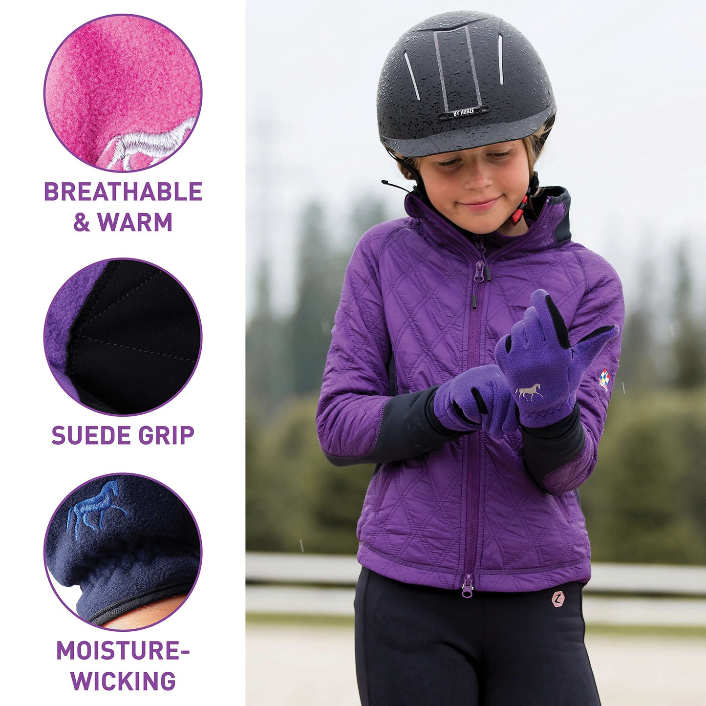 HORZE Kids' Fleece Winter Horse Riding Gloves with Pony Design - Sultry Violet - 4