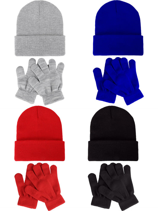 Gnodio 8 Pack Kids Beanie Hats and Gloves Set Kid's Knitted Beanies Hat Winter Gloves for Boys Girls