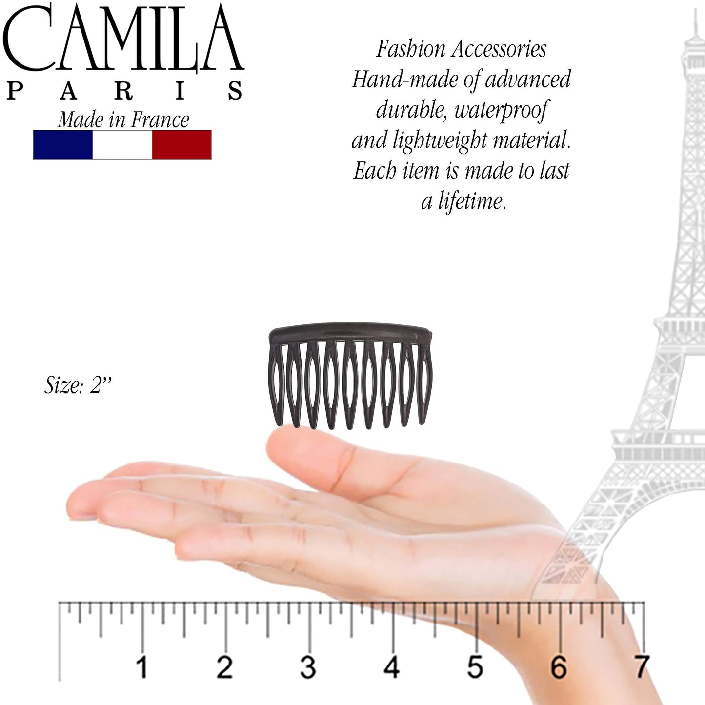 Camila Paris CP3110 French Hair Side Comb, Small, Curved Gray French Twist Hair Combs Decorative, Strong Hold Hair Clips for Women Bun Chignon Up-Do Styling Girls Hair Accessories, Made in France