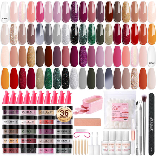 AZUREBEAUTY 170PCS Dip Nails Powder Nail Kit Purple Green Polarized Pink Shimmery Fall Winter 36 Colors Dipping Powder with Base Top Coat Activator Dip Liquid Set Nail Removal Accessories Starter Set