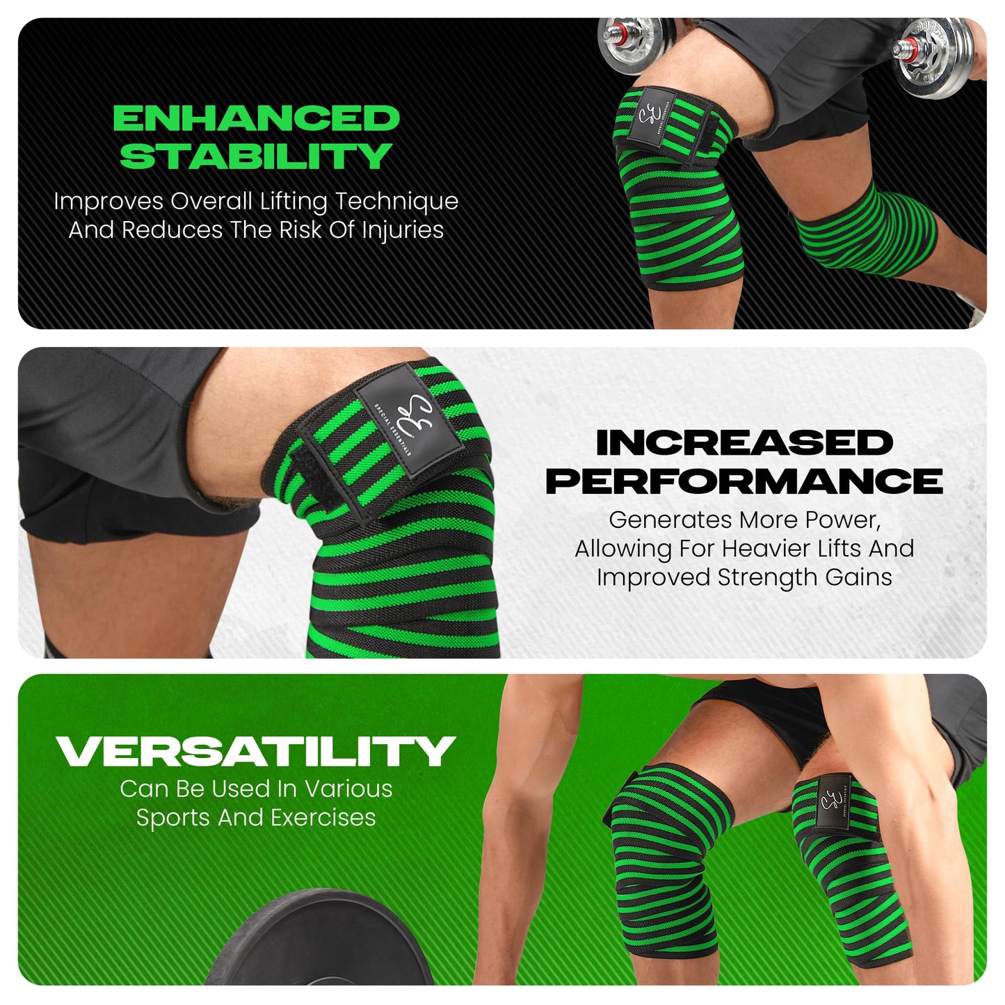 Special Essentials Knee Wraps for Weightlifting with Strap (2 Pack) - 72 Inches Flexible Support for Men & Women, for Powerlifting, Squats, Leg Press, and Cross Training