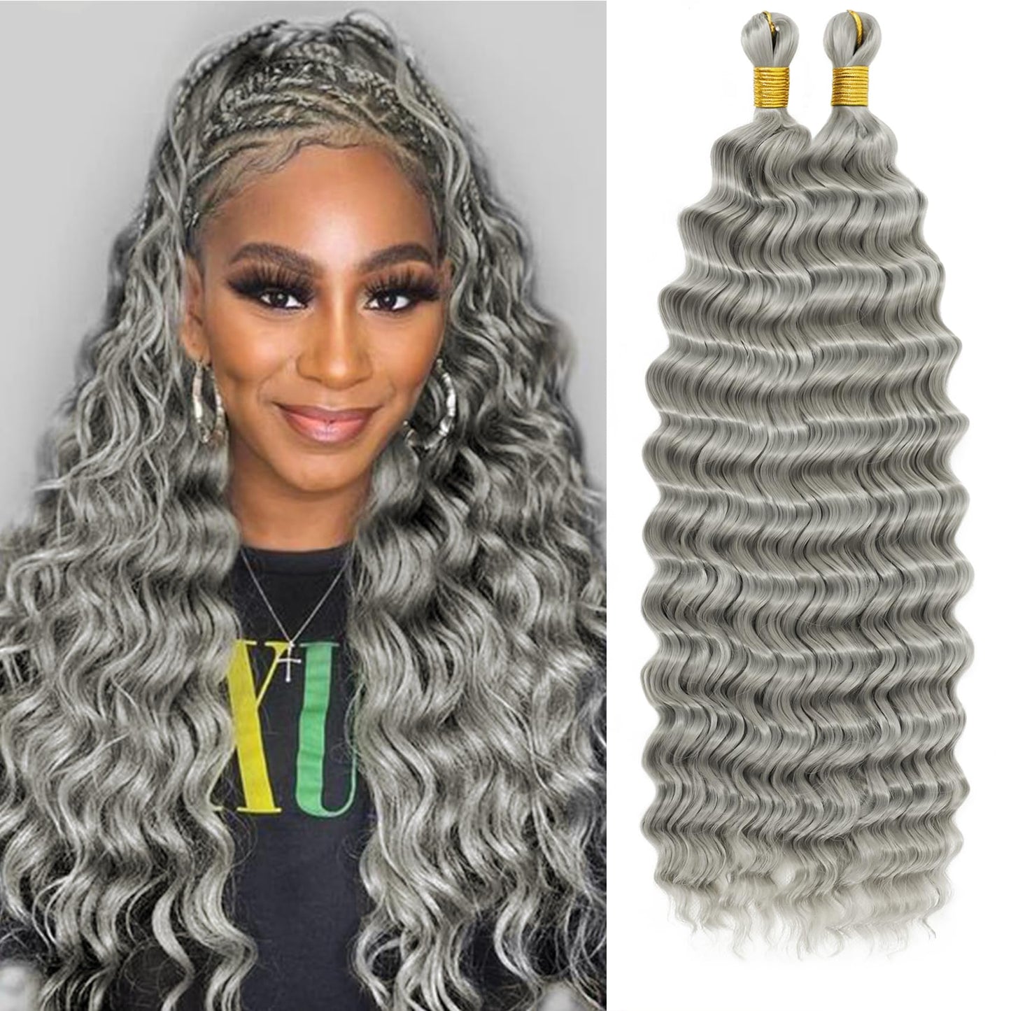 Eerya Long Curly Braiding Hair 18 Inch 2 Packs Grey Ocean Wave Crochet Hair for Black Women Deep Wave Braiding Hair for Boho Braids (18 inch, Grey)