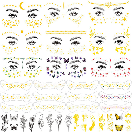 JEEFONNA 60 Sheets Face Temporary Tattoos, Metallic Fake Tattoos for Women, Men, Kids, Waterproof, Festival, Cosplay, Halloween