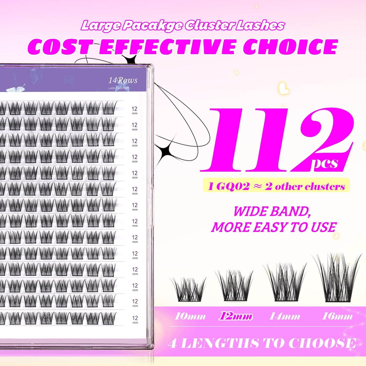 GAQQI Lash Clusters, GQ02 Individual Lashes C Curl 112PCS, Wide Band 12MM Only Eyelash Clusters, Natural and Wispy Cluster Lash Extensions (GQ02,12mm, C Curl)