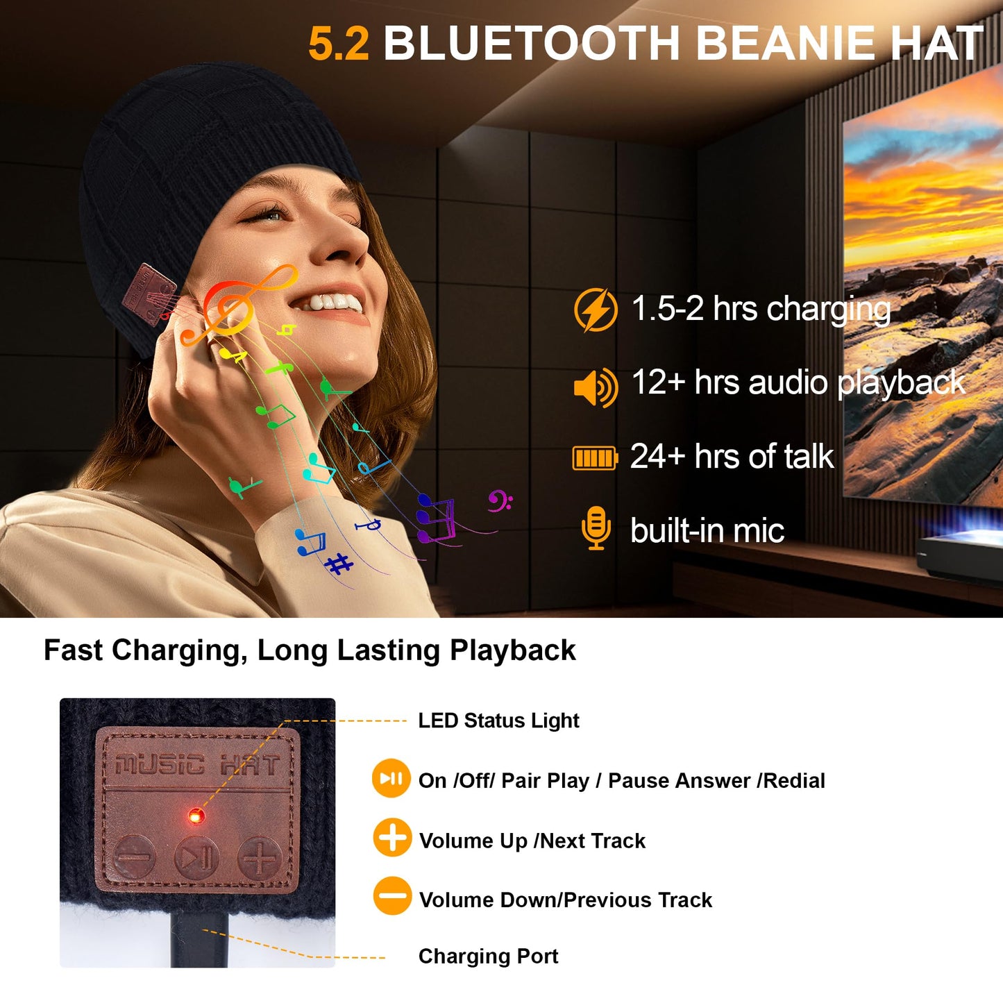 5.2 Bluetooth Beanie for Men & Women, Winter Knit Music Hat with Cordless Headphones, 24 Hour Play time, Built-in Microphone and HD Stereo Speakers, Unique Christmas Tech Gifts for Outdoor Homes