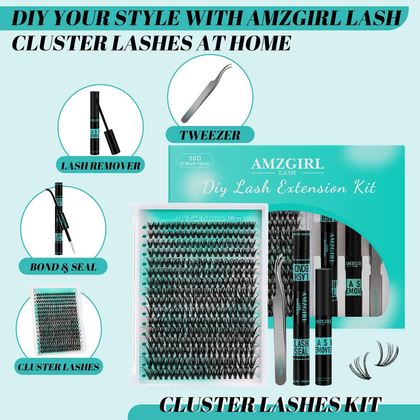 Lash Clusters Kit 320Pcs,30D Eyelash Extension Kit,Lash Bond and Seal Waterproof,Lash Remover for Individual Cluster Lashes Kit,Lash Applicator Tool for DIY Lash Extension Kit(D-Mix9-16mm Kit)