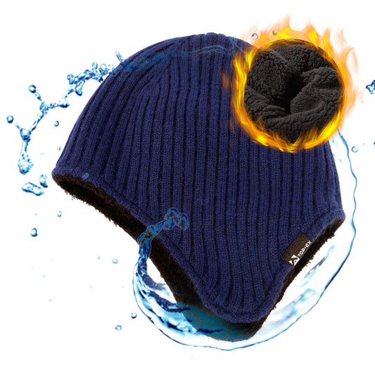 Oversized XL/XXL Merino Wool Blend Fleece Lining Waterproof Earflap Beanie Hat Extra Large Big Head Men Women Winter Knit Warm Skull Cap Skiing Cold Weather Navy Blue