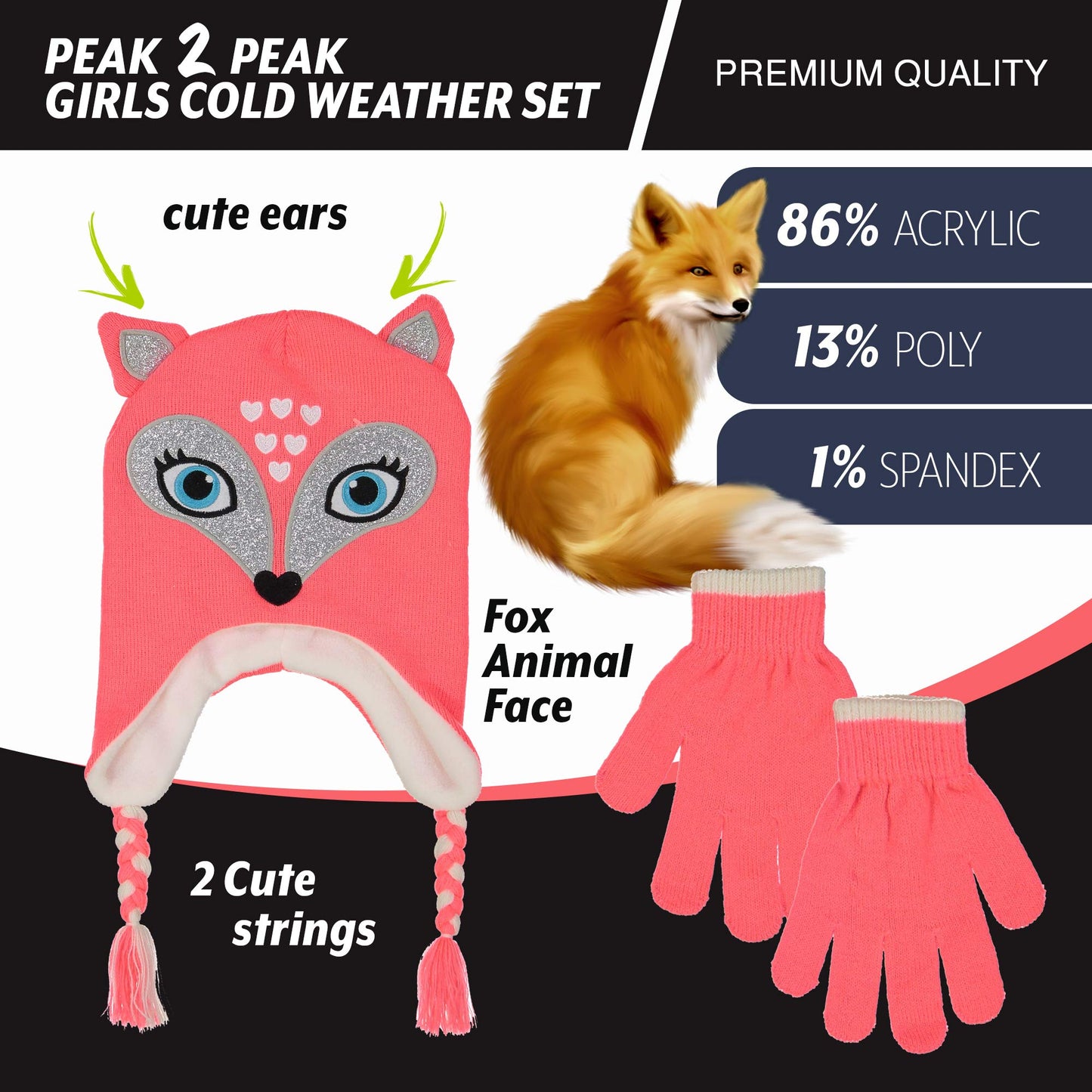 Girls Knitted Animal Beanie Winter Hat and Glove Set [4015] (Fox Hat)