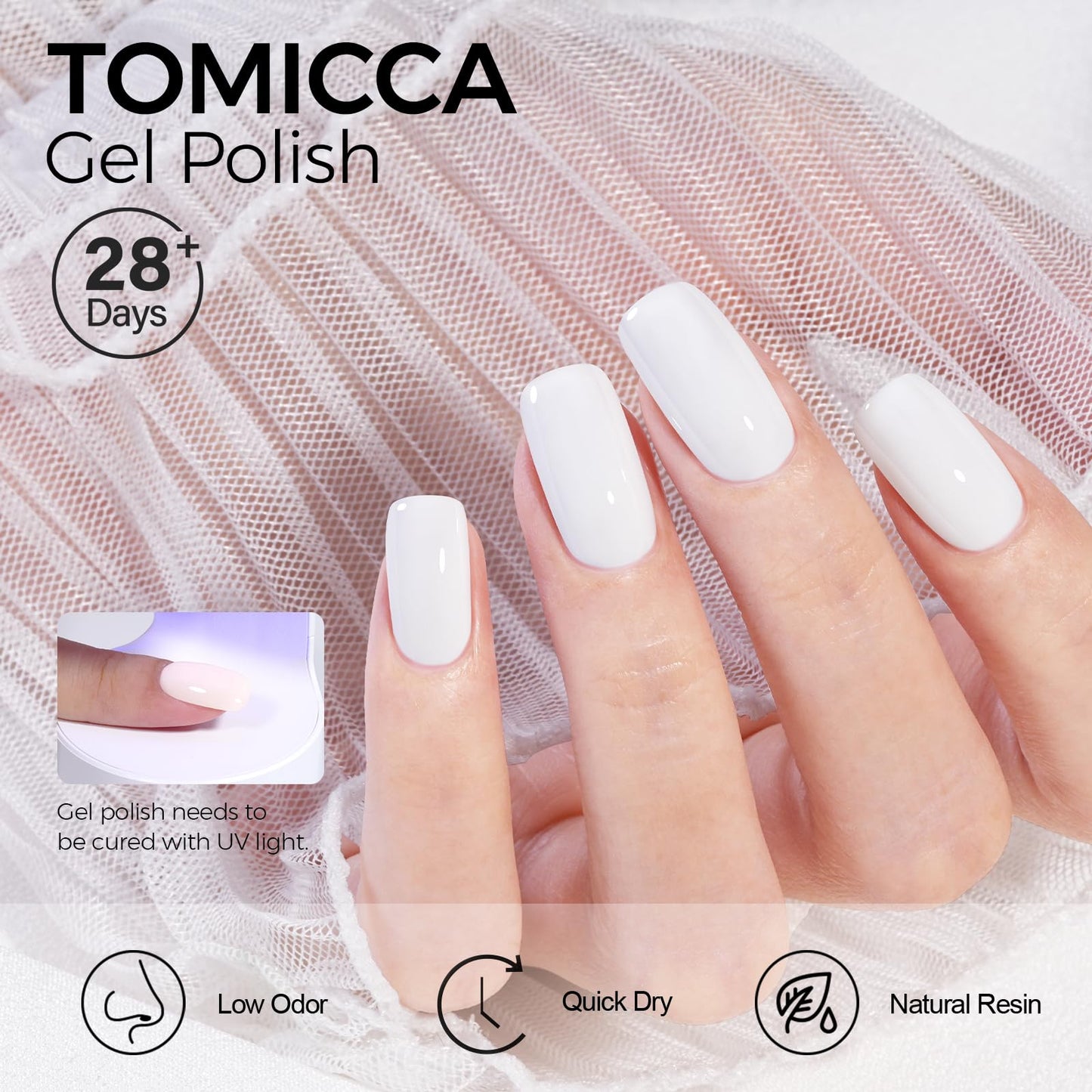 TOMICCA White Gel Nail Polish, 15ml White Gel Polish, Soak Off UV White Nail Polish Gel for French Tip Manicure Nail Art
