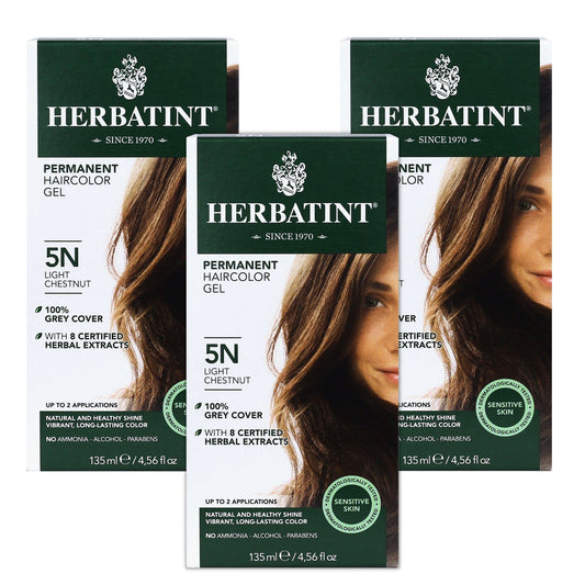 Herbatint Permanent Haircolor Gel, 5N Light Chestnut, Alcohol Free, Vegan, 100% Grey Coverage - 4.56 oz (3 Pack)
