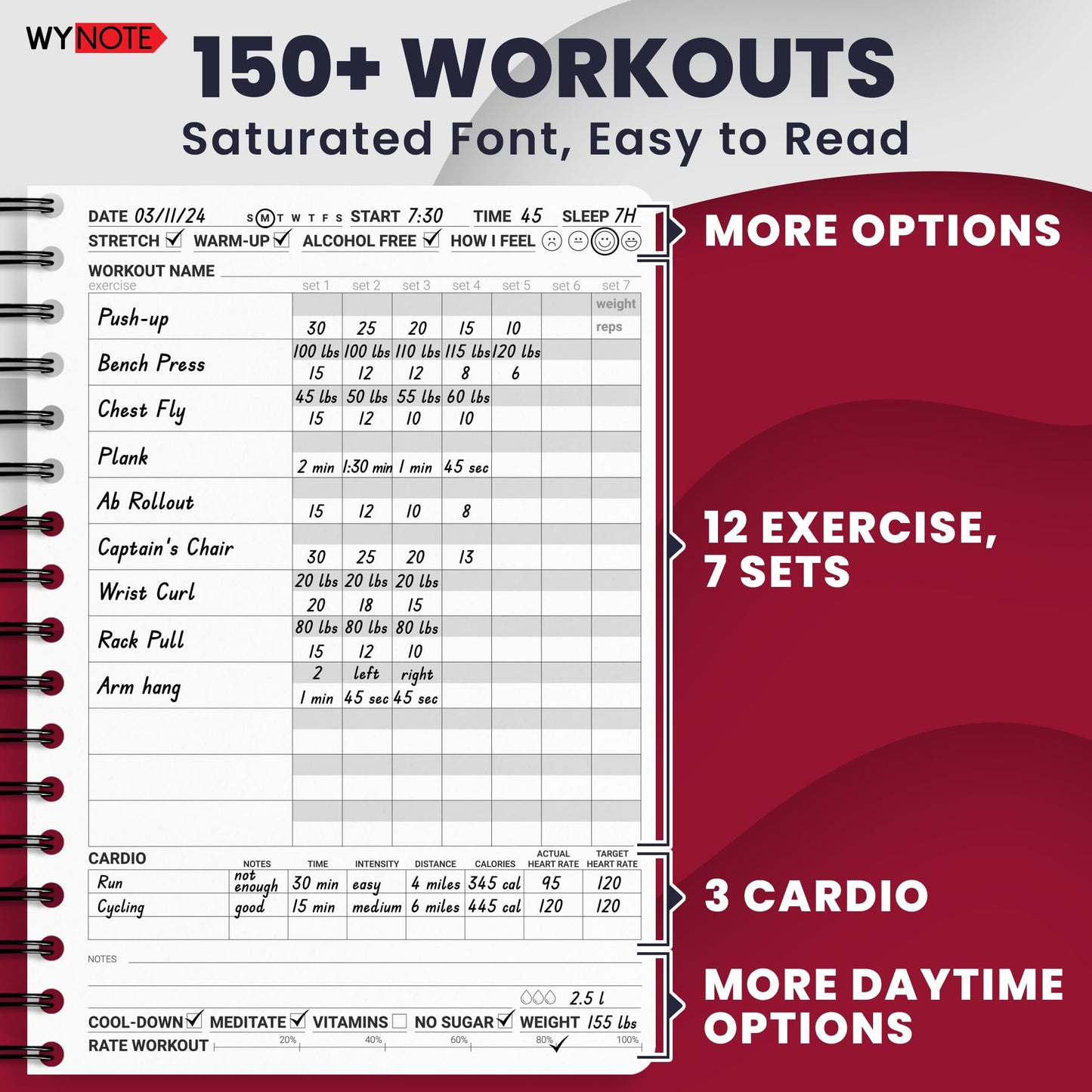 Fitness Journal Burgundy on 150+ Workouts + Yearly Calendar + 55 Tracking Values - A5 Workout Journal with Fat tracking - Planner to 12 items to track + 7 comparative periods + Goals