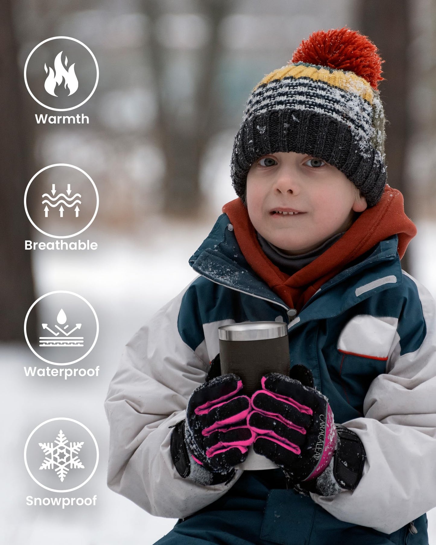 Caracaleap Snow Gloves for Kids 8-12, Kids Snow Ski Gloves Waterproof Thinsulate Warm Winter Gloves for Boys Girls 6-8 Black 10-12Y Hot Pink 10-12Y