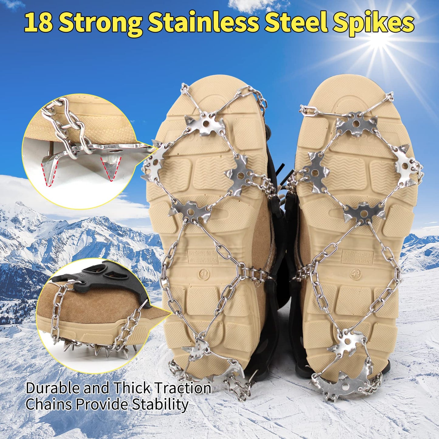 Xproutdoor Ice Cleats, Upgraded Snow Grips 18 Stainless Steel Spikes Crampons, Strong Traction Anti-Slip, Walking Hiking on Ice & Snow Ground, Mountain Climbing, for Shoes Boots, X-Large