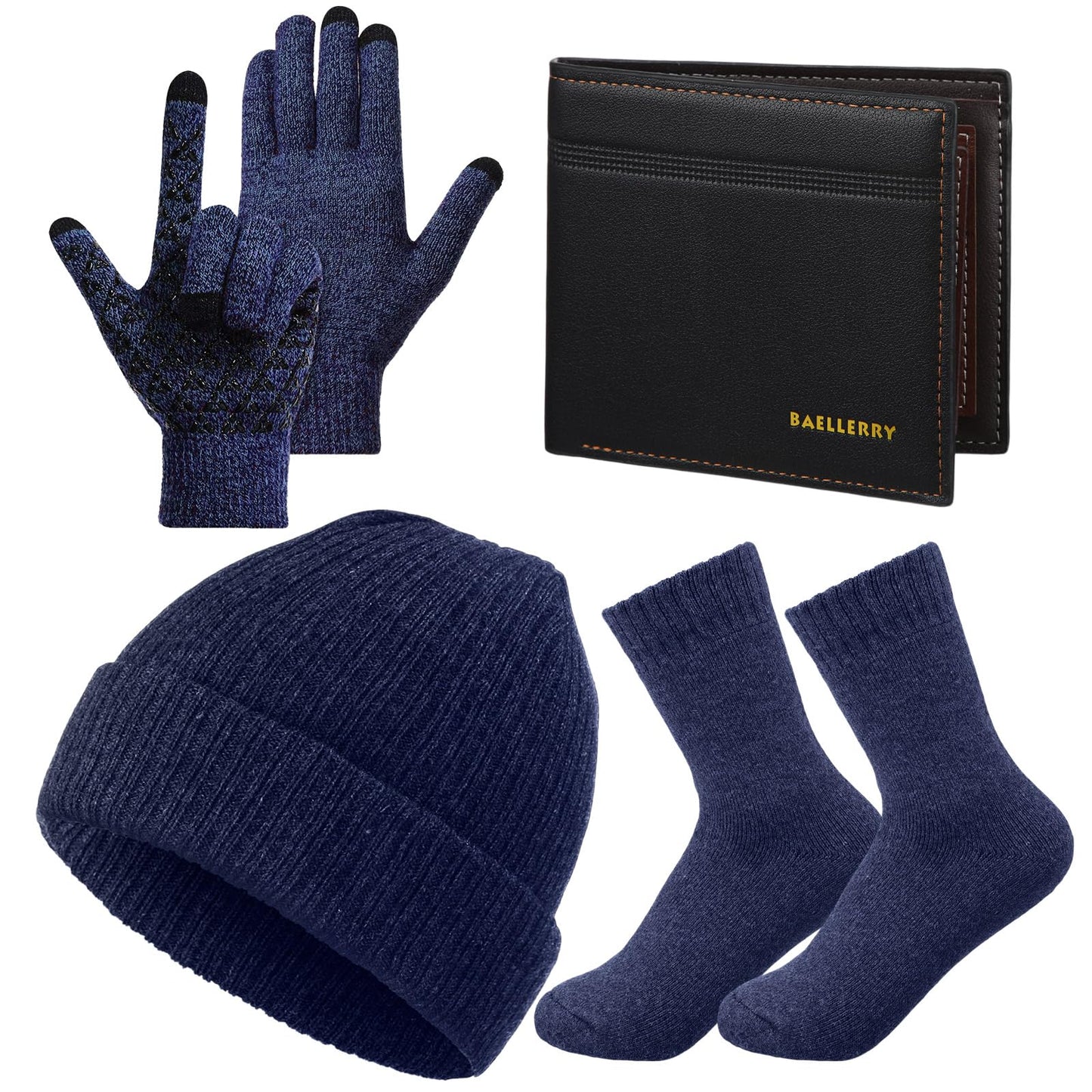 Cuffbow 5 Pcs Winter Beanie Hat Socks Wallet Touchscreen Gloves Set Gift Box for Men Women Cold Weather Birthday Presents(Blue)