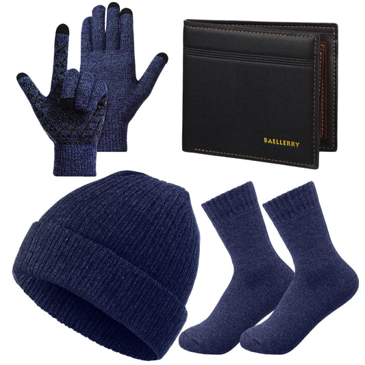 Cuffbow 5 Pcs Winter Beanie Hat Socks Wallet Touchscreen Gloves Set Gift Box for Men Women Cold Weather Birthday Presents(Blue)