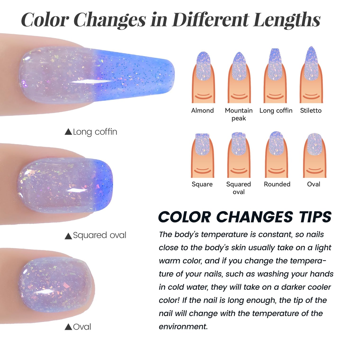 YTD Likomey Brocade Glitter Color Changing Gel Nail Polish,15ml Light Blue To Blue Shimmer Mood Temperature Change Colors Iridescent Flakes,Spring Summer Thermal Ombre UV Nail Gel,WB354
