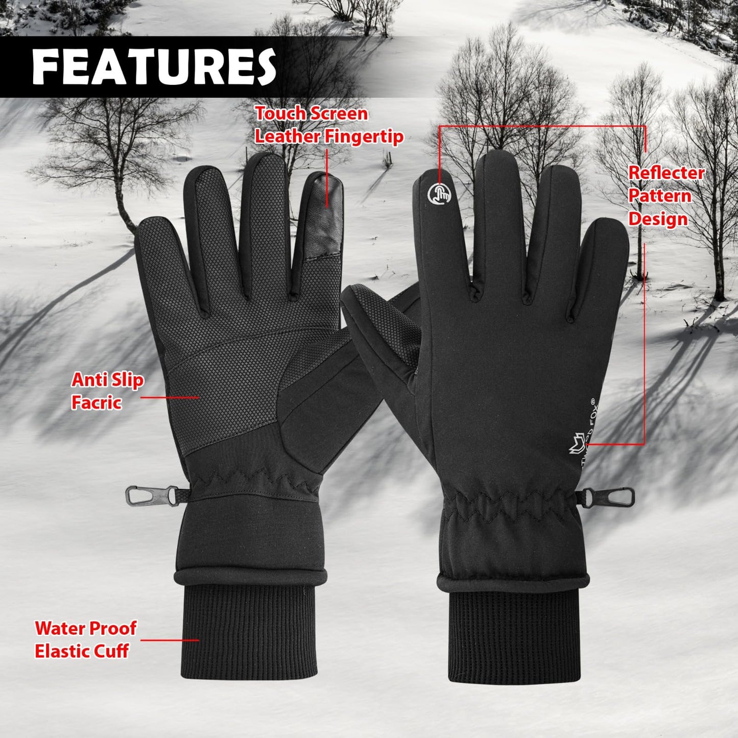 WESTWOOD FOX Waterproof Winter Gloves for Men & Women,Windproof, Warm Ski Gloves, Touchscreen, Anti-Slip Grip Gloves for Cycling, Snowboarding, Hiking, Running, Driving and Outdoor Sports (Black, L)