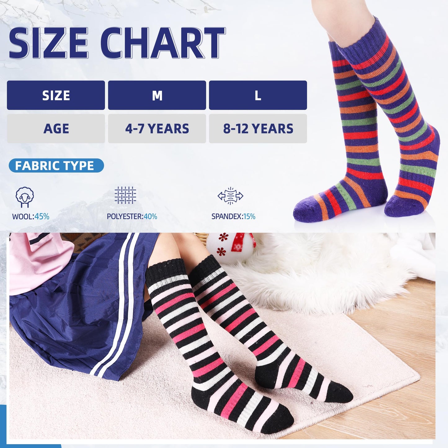 Kids Ski Socks Merino Wool Winter Warm Thermal Hiking Snowboarding Knee High Heavy Boot Socks for Toddler Boys Girls 2 Pairs(Stripe-02, 8-12 Years)