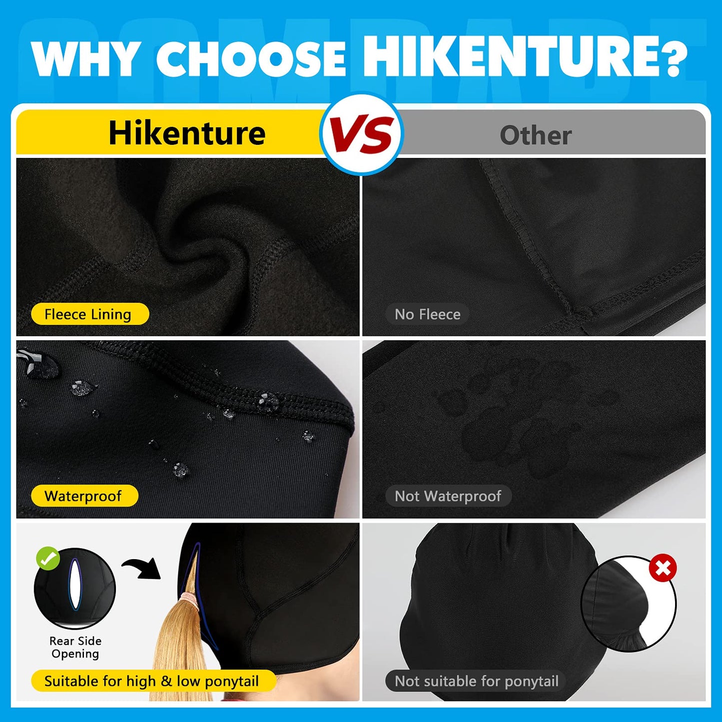 Hikenture Womens Skull Cap with Ponytail Hole, Winter Running Beanie Hat Cold Weather Thermal Cycling Cap Helmet Liner with Fleece for Skiing,Motorcycle,Hiking,Camping(Black)